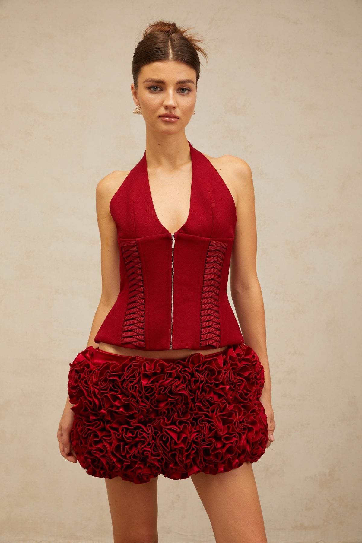 Paloma red halterneck lace-up top