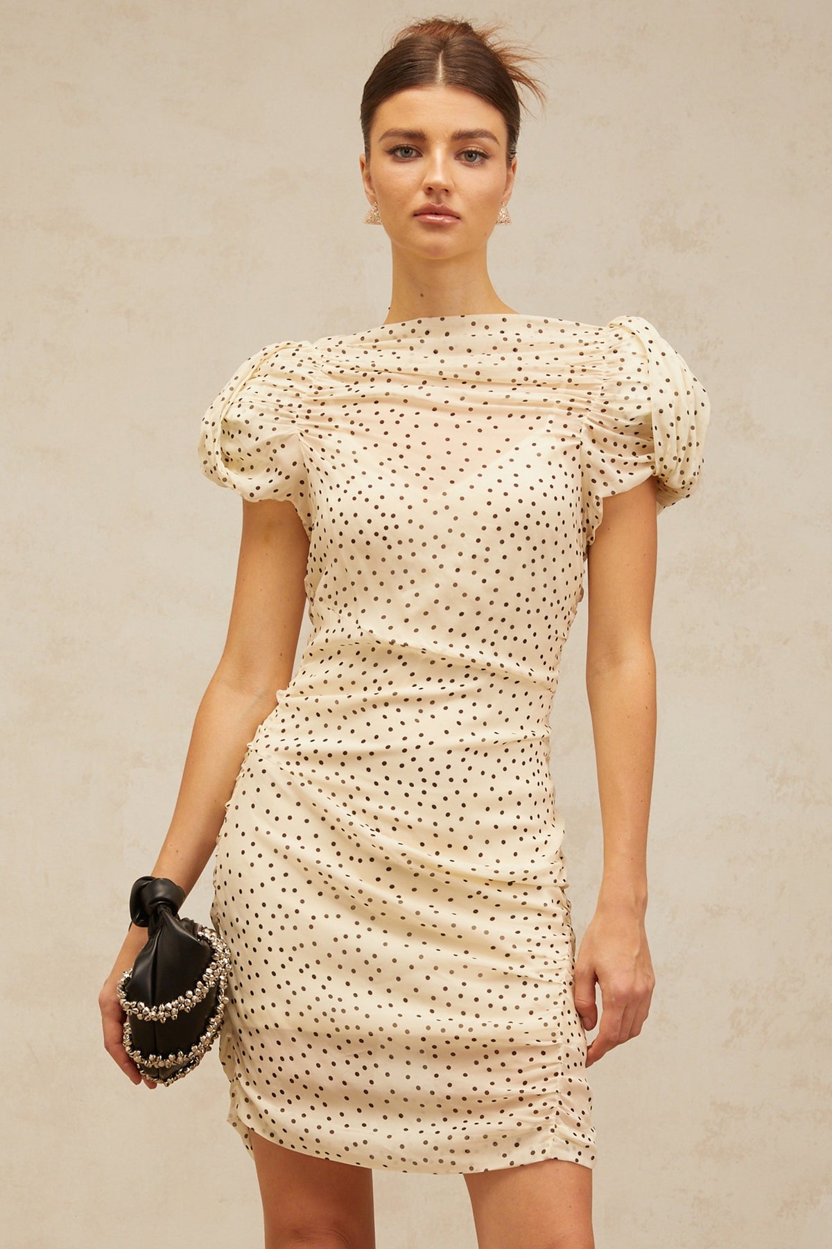 Dulcie neutrals polka-dot smocked mini dress