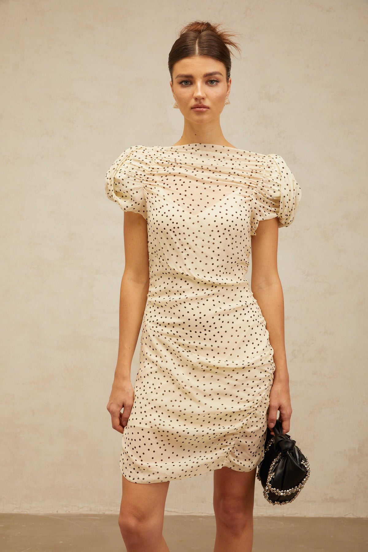 Dulcie neutrals polka-dot smocked mini dress