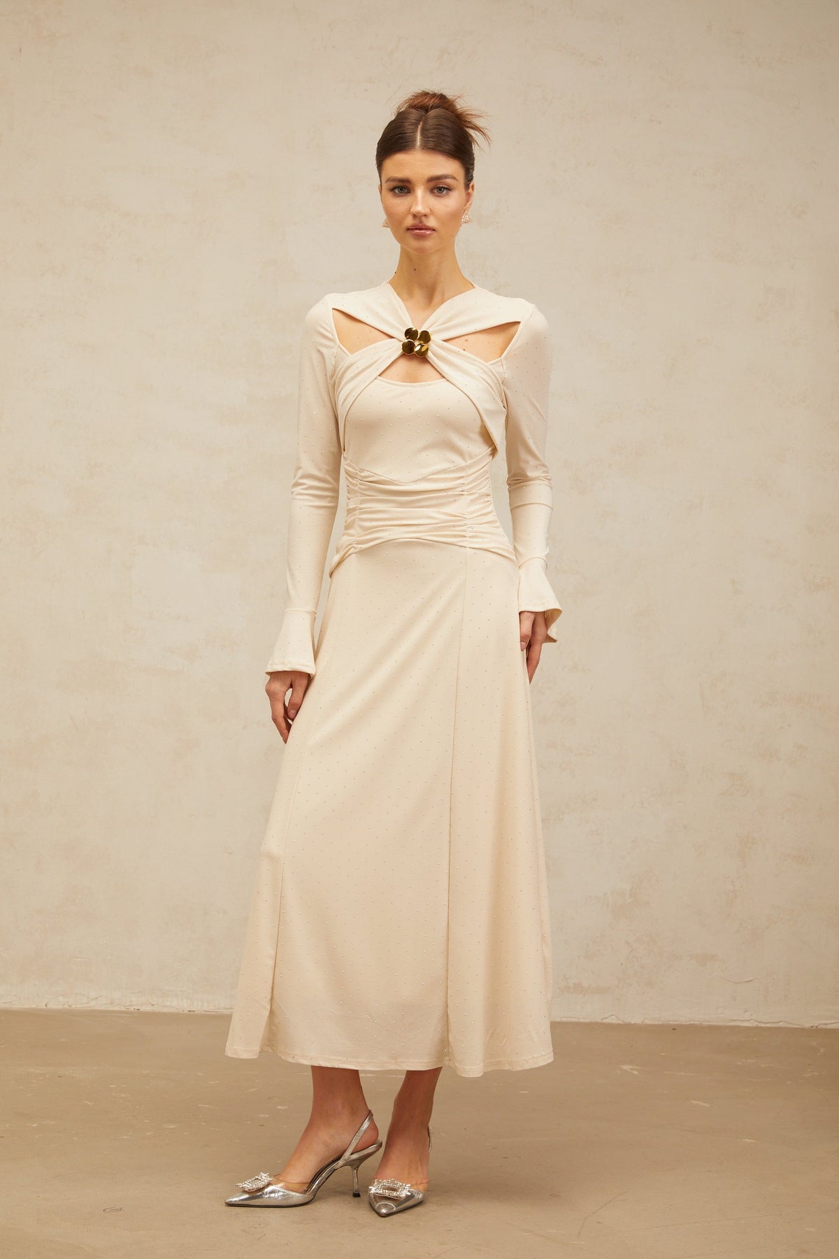 Capucine neutrals cross-over embellished midi dress