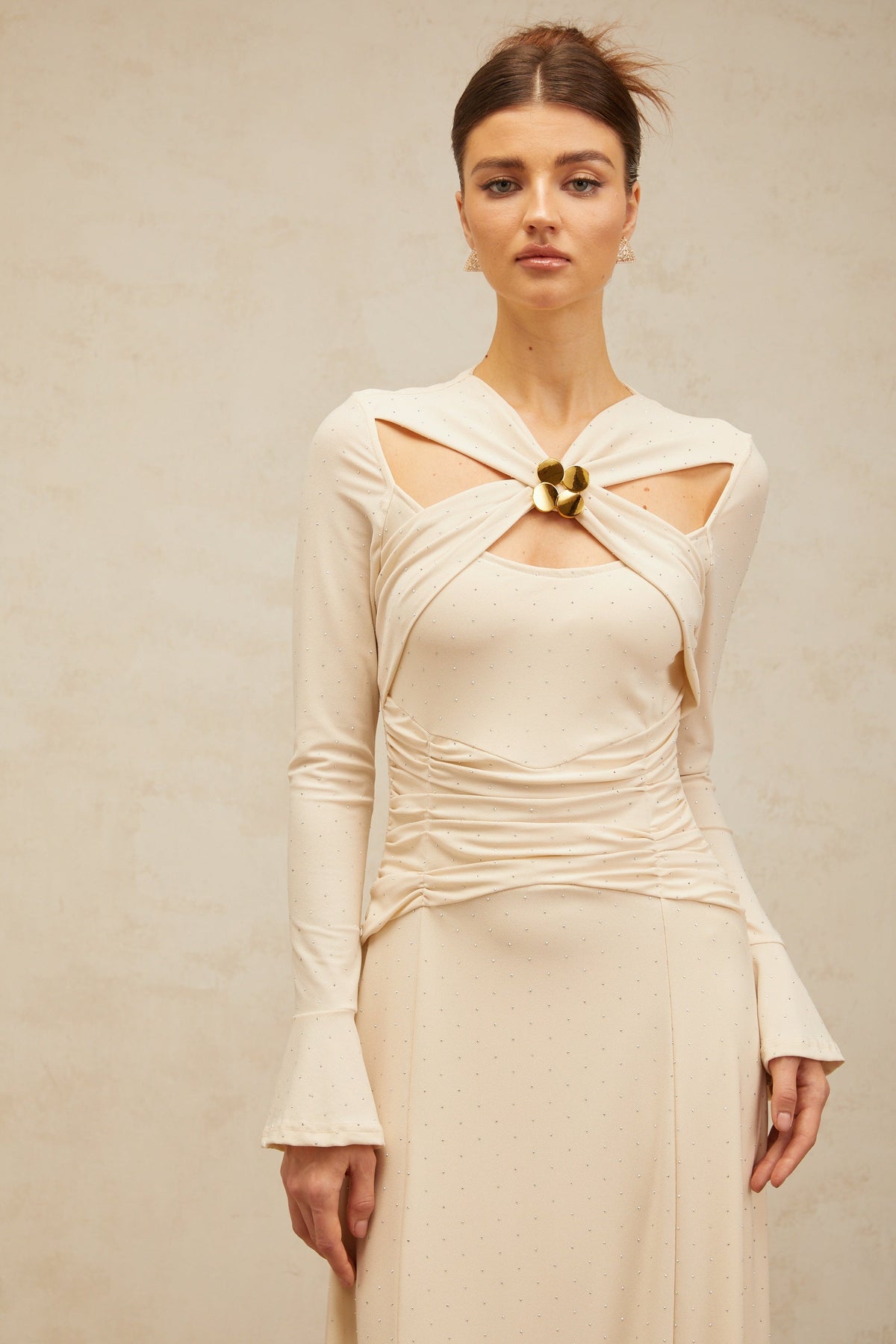Capucine neutrals cross-over embellished midi dress
