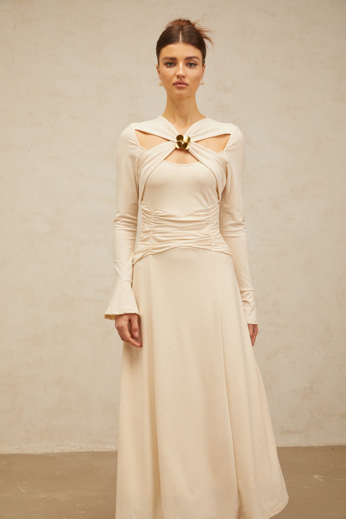 Capucine neutrals cross-over embellished midi dress