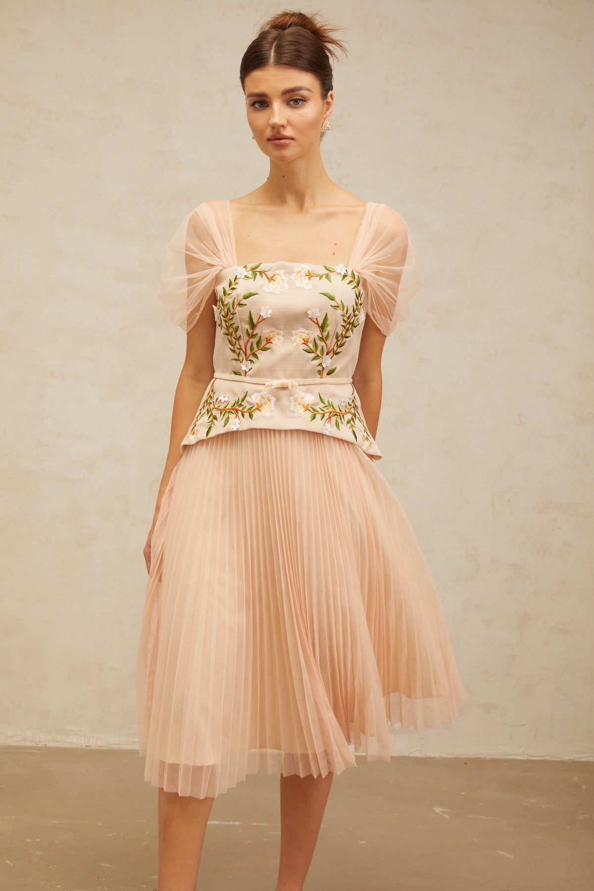 Anaëlle pink-beige flower-embroidered tulle midi dress