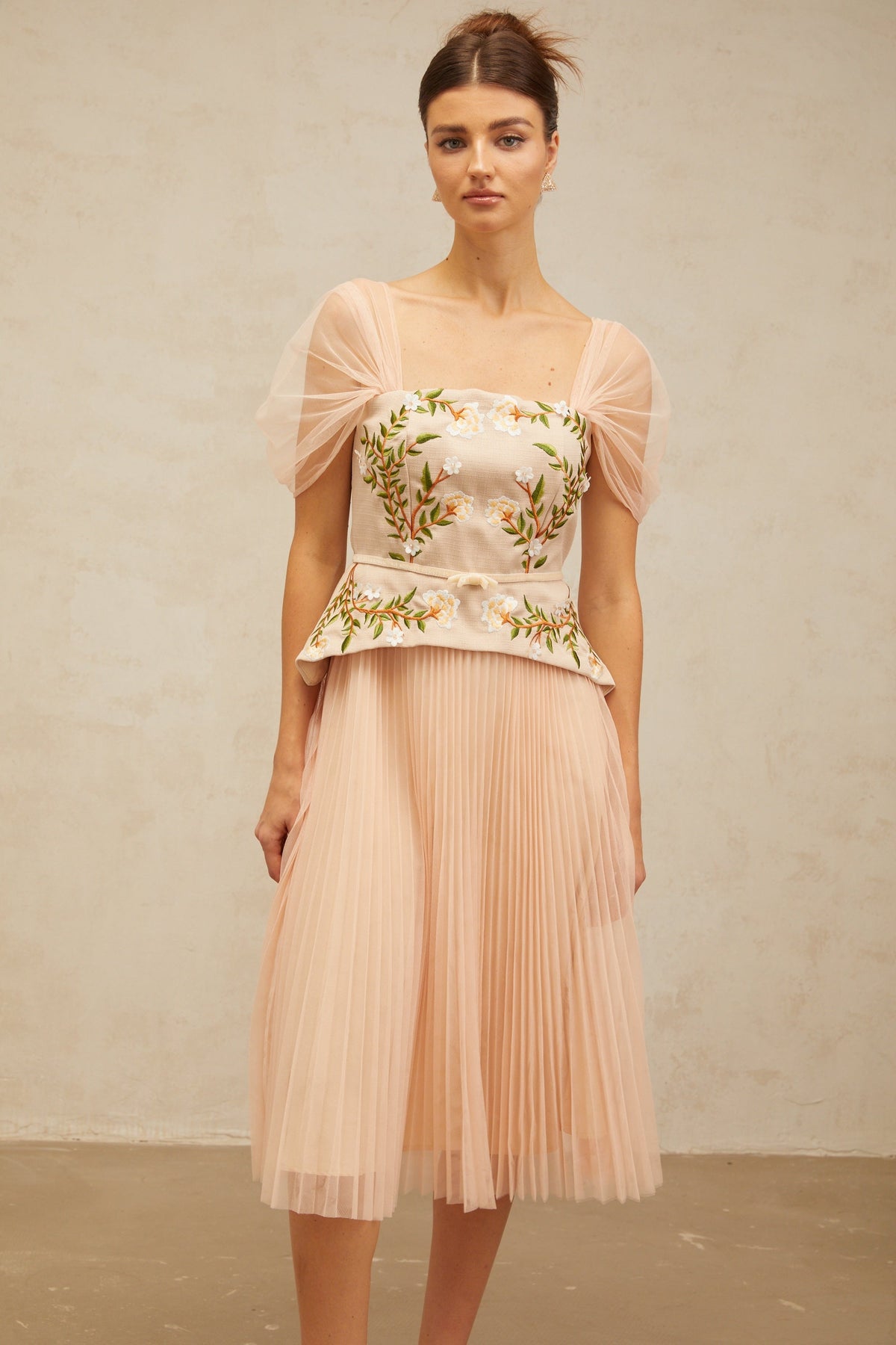 Anaëlle pink-beige flower-embroidered tulle midi dress
