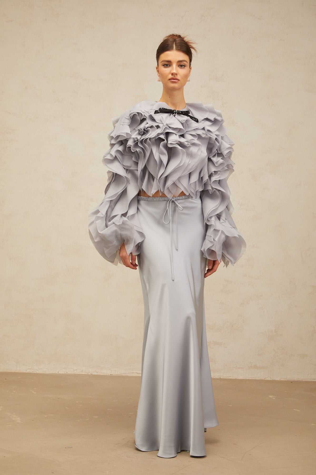 Zelda haze-blue bowknot ruffled blouse & skirt matching set