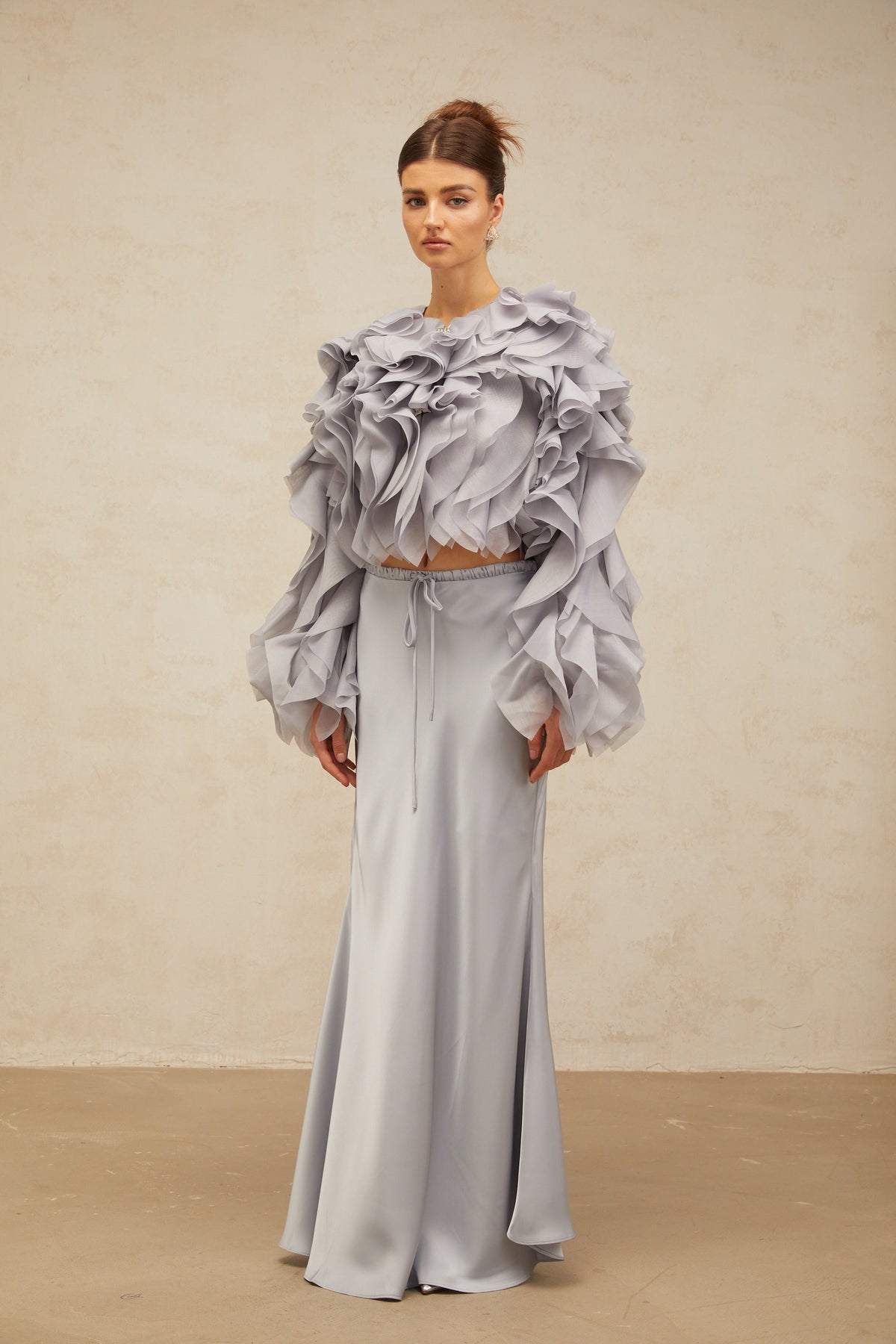Zelda haze-blue bowknot ruffled blouse & skirt matching set