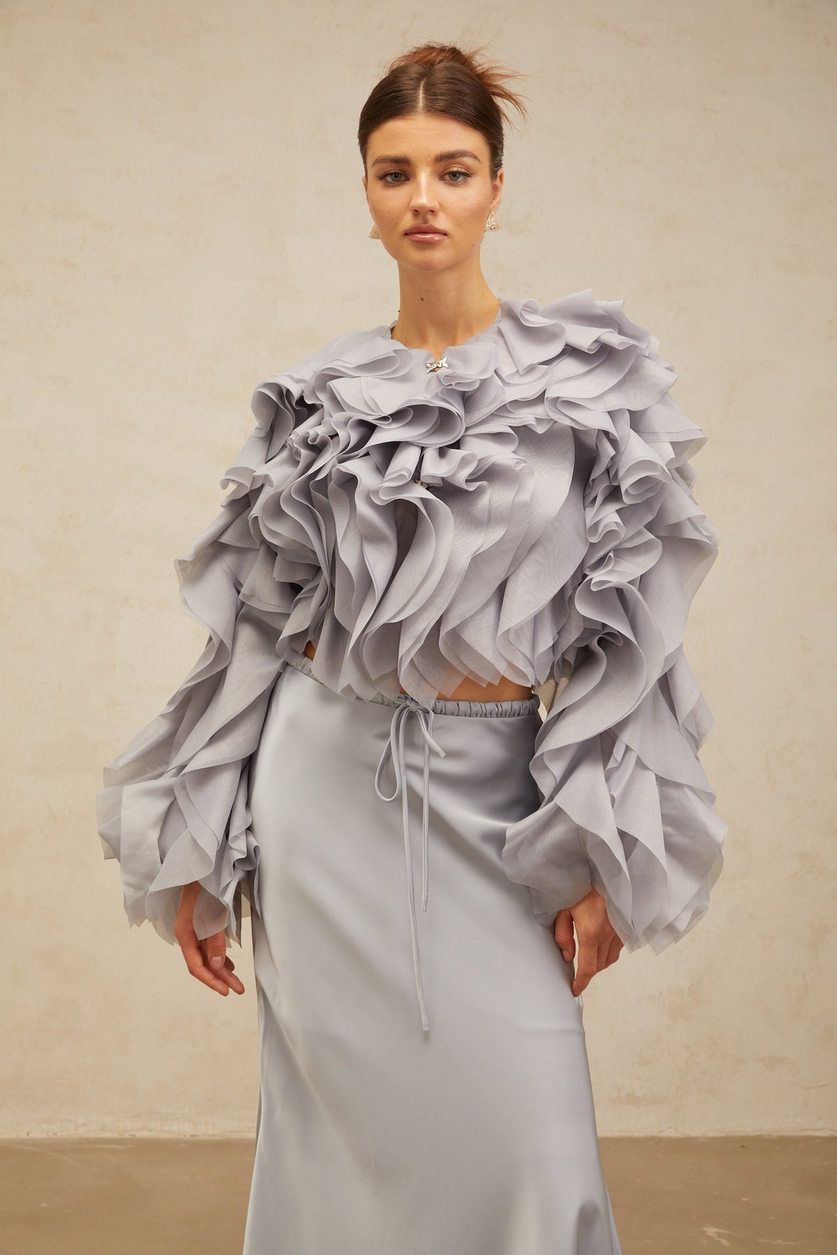Zelda haze-blue bowknot ruffled blouse & skirt matching set