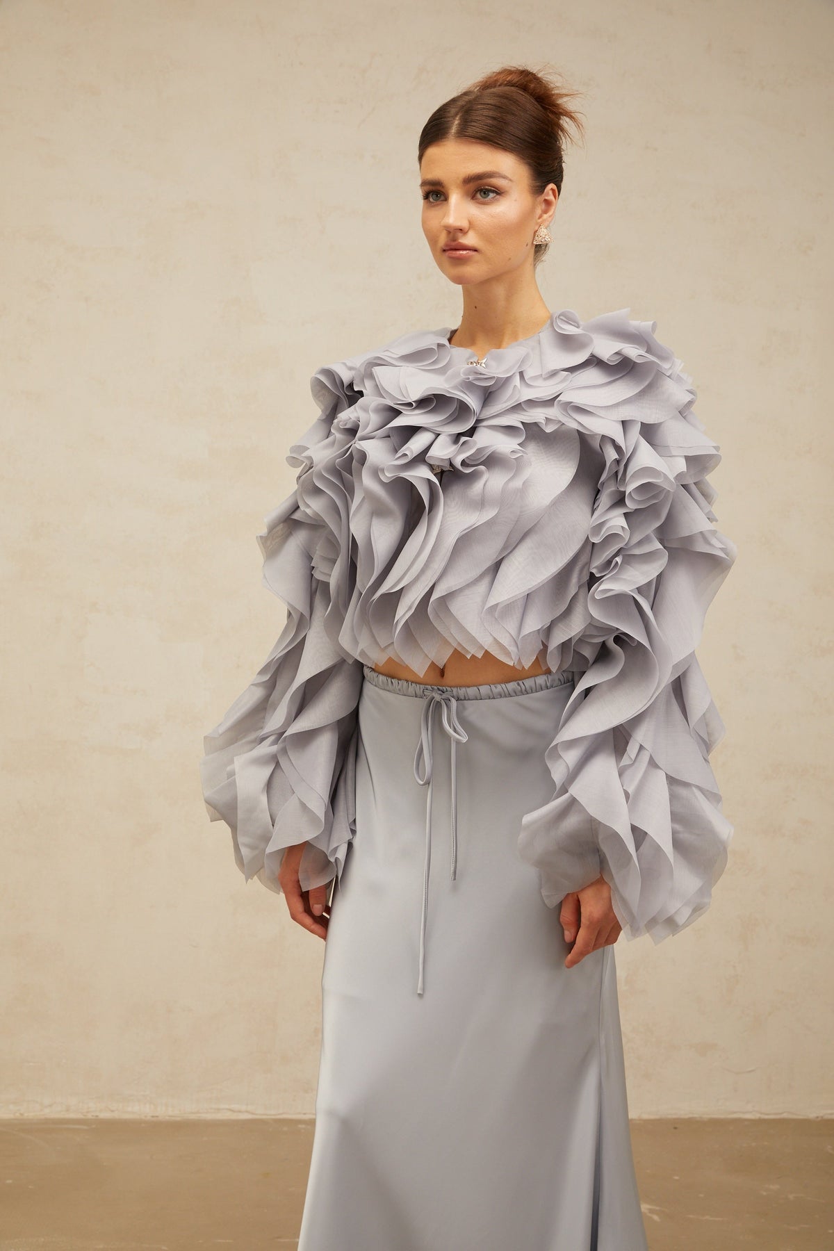 Zelda haze-blue bowknot ruffled blouse & skirt matching set