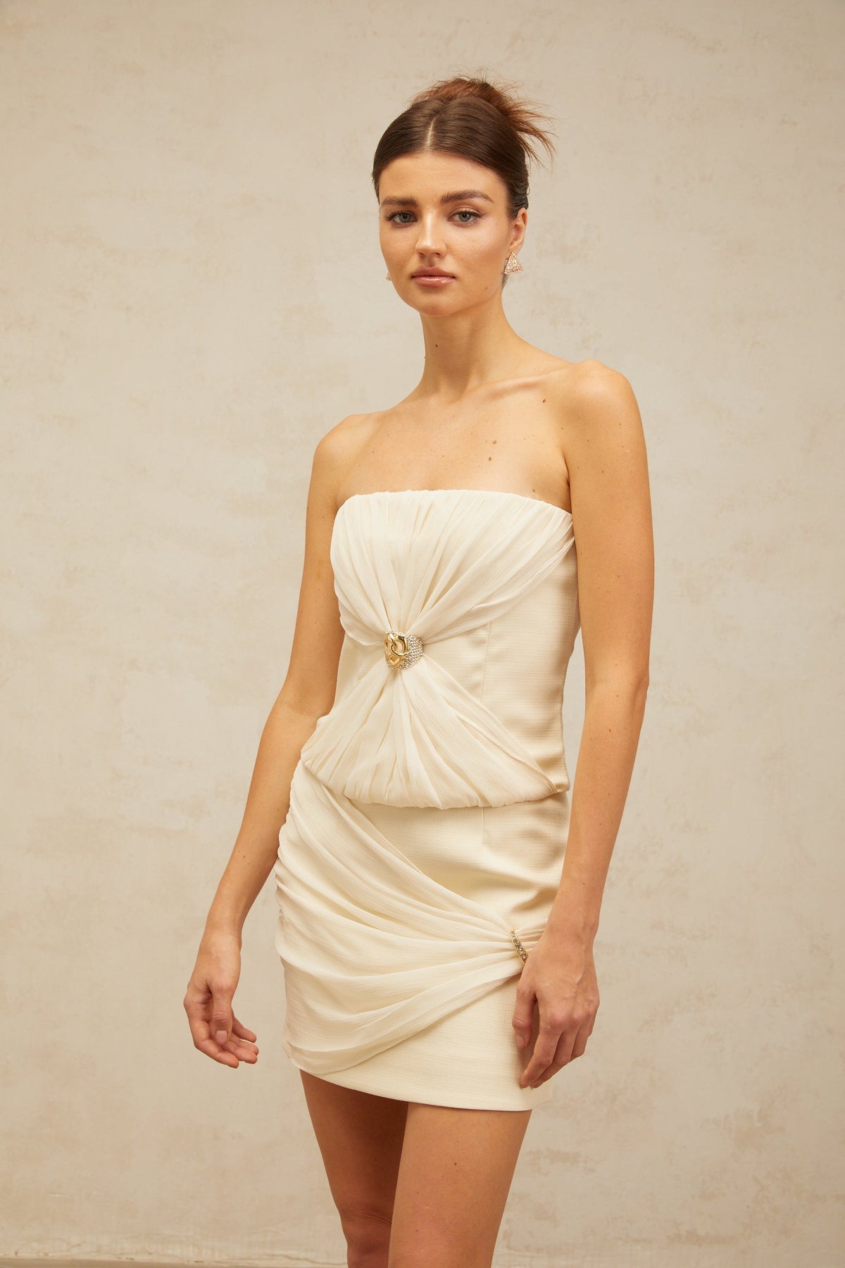 Énora off-white embellished ruched top & skirt matching set