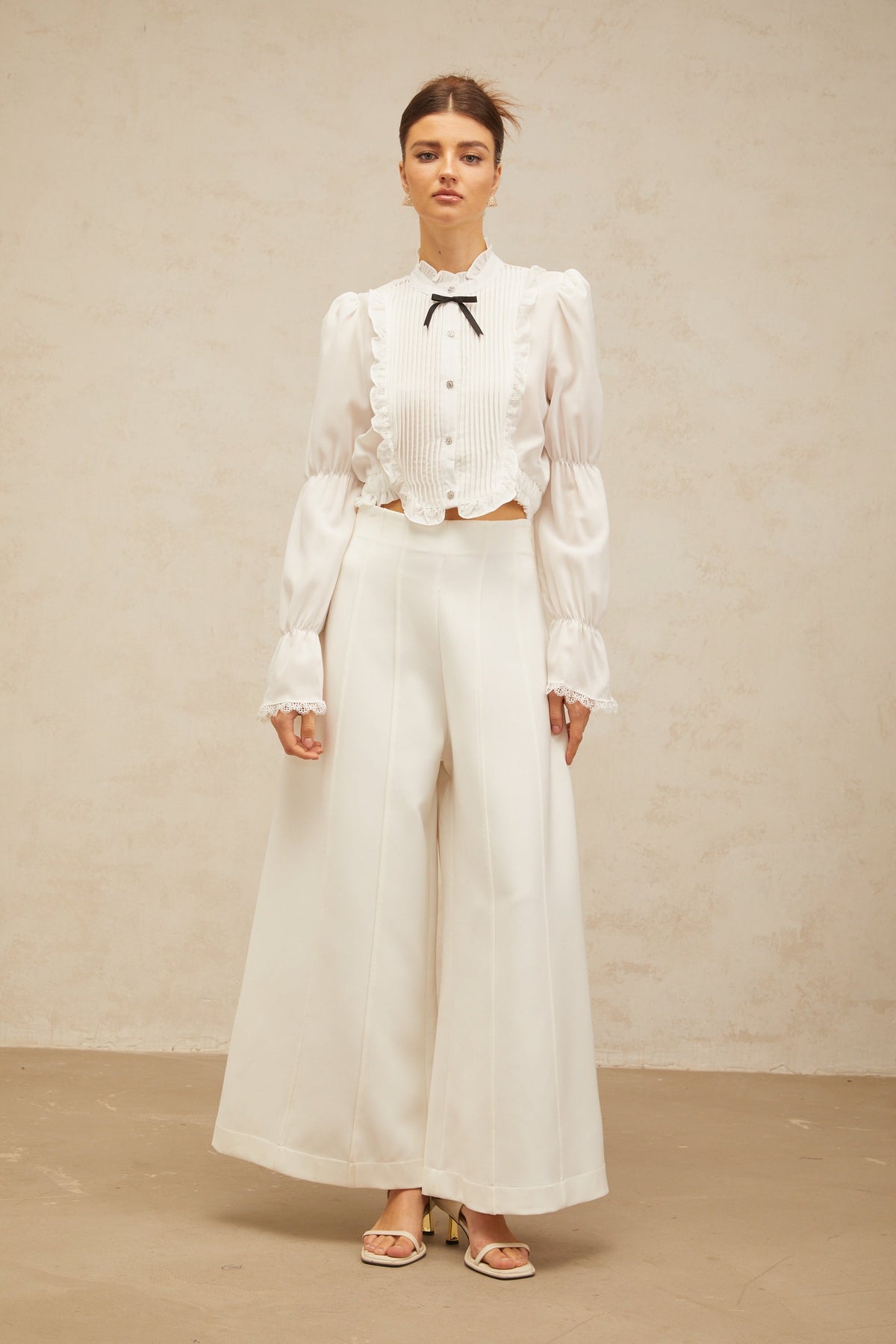 Paulette white bowknot shirred-panel ruffled shirt
