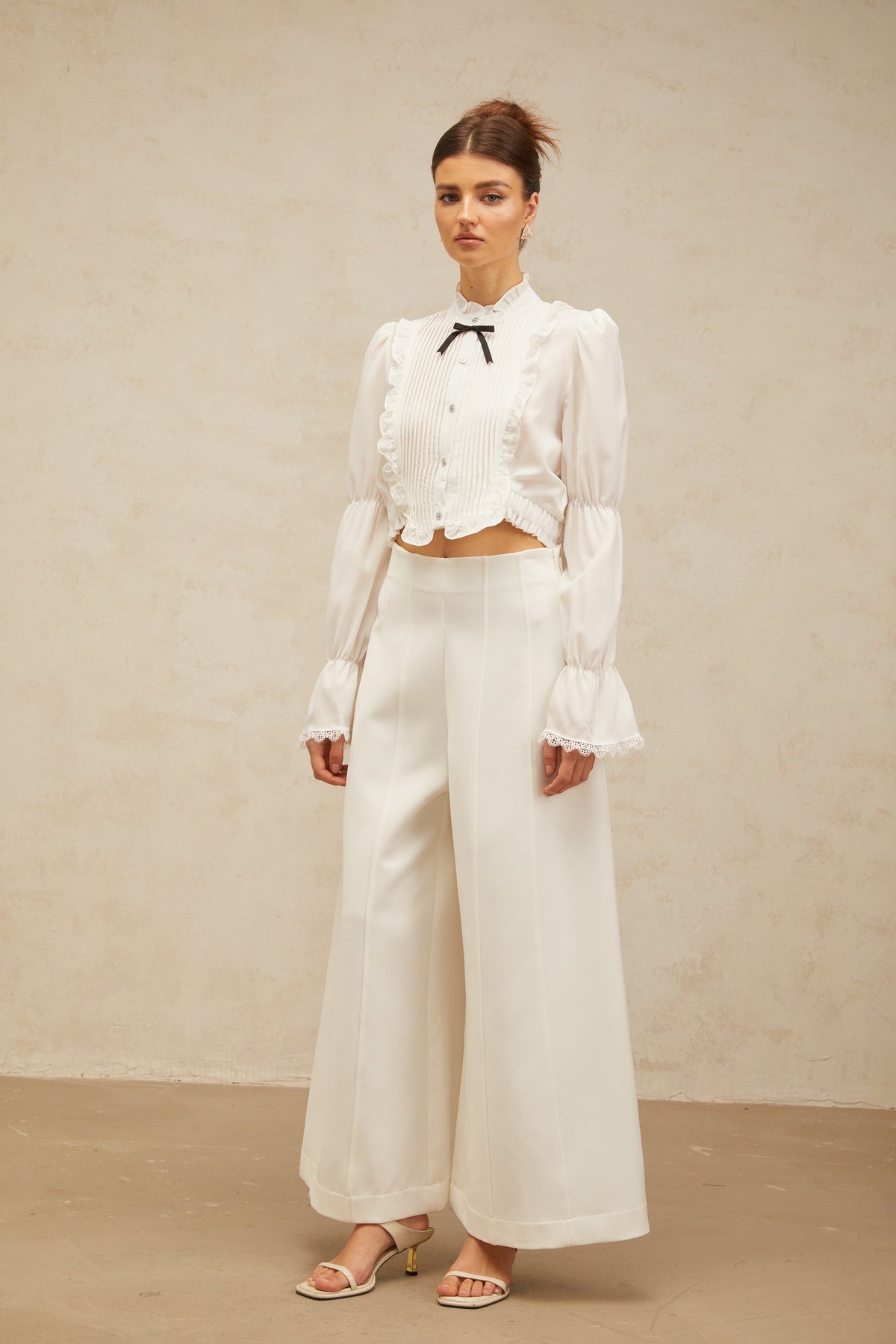 Paulette white bowknot shirred-panel ruffled shirt