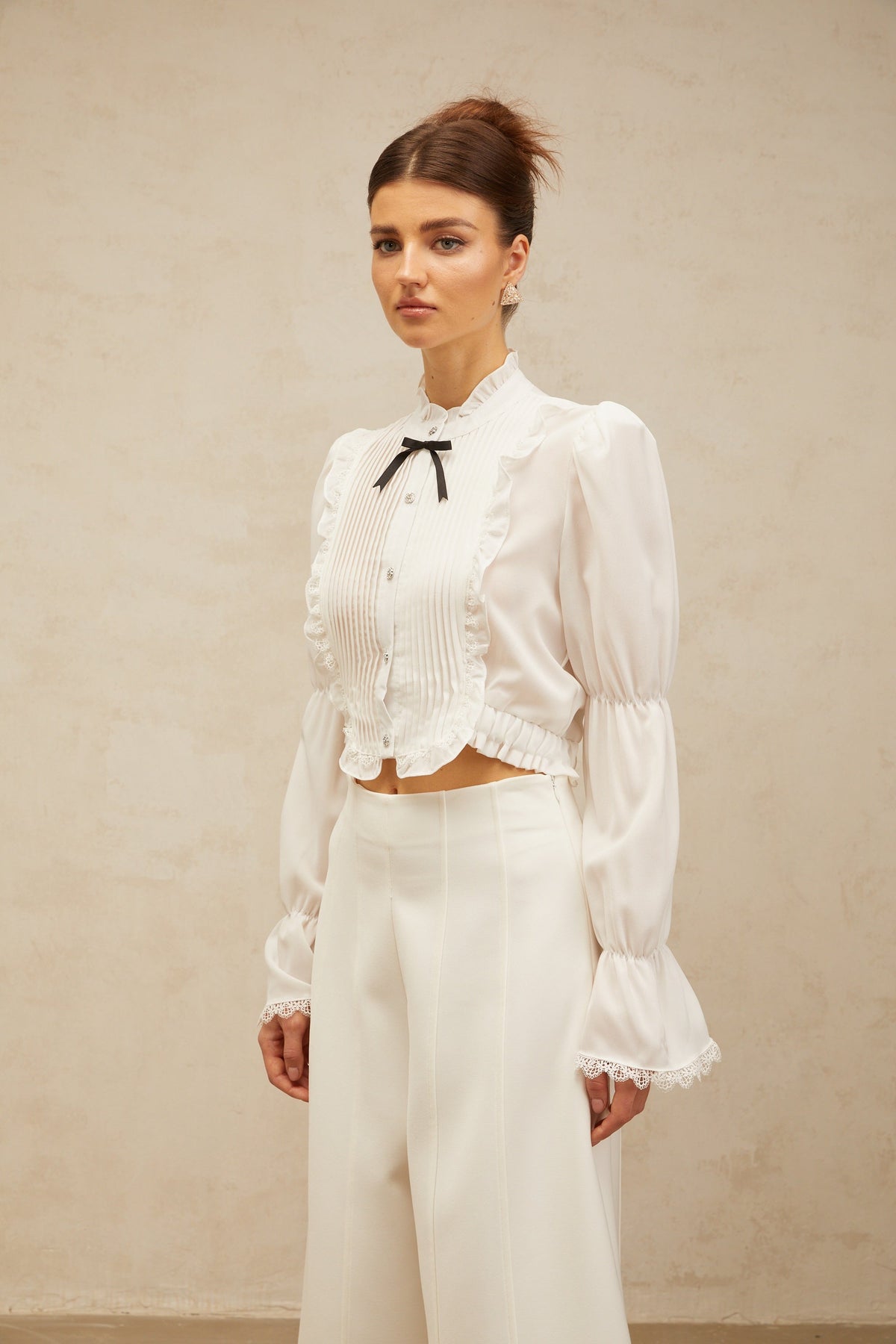 Paulette white bowknot shirred-panel ruffled shirt
