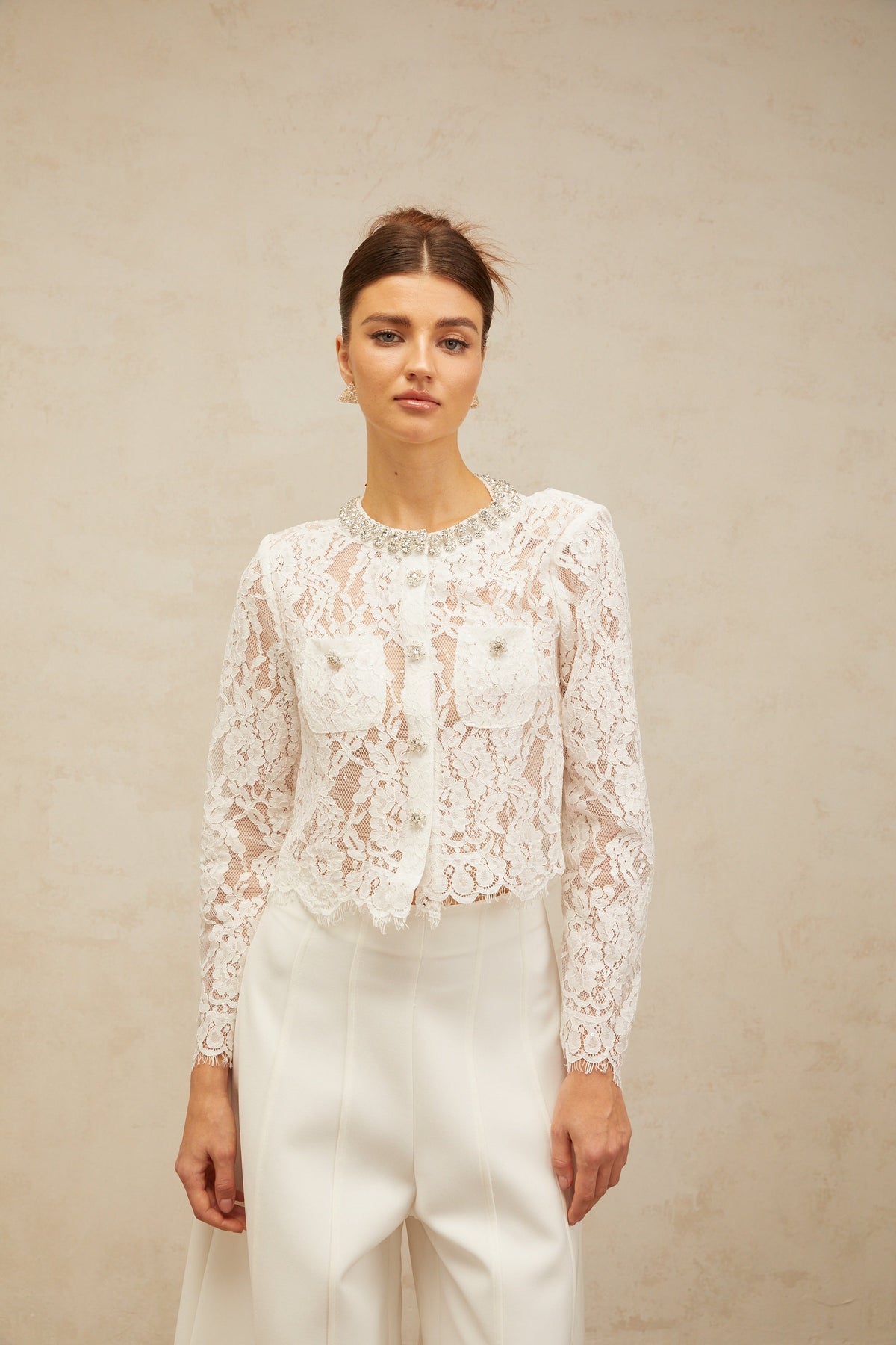 Monique white embellished floral-lace jacket