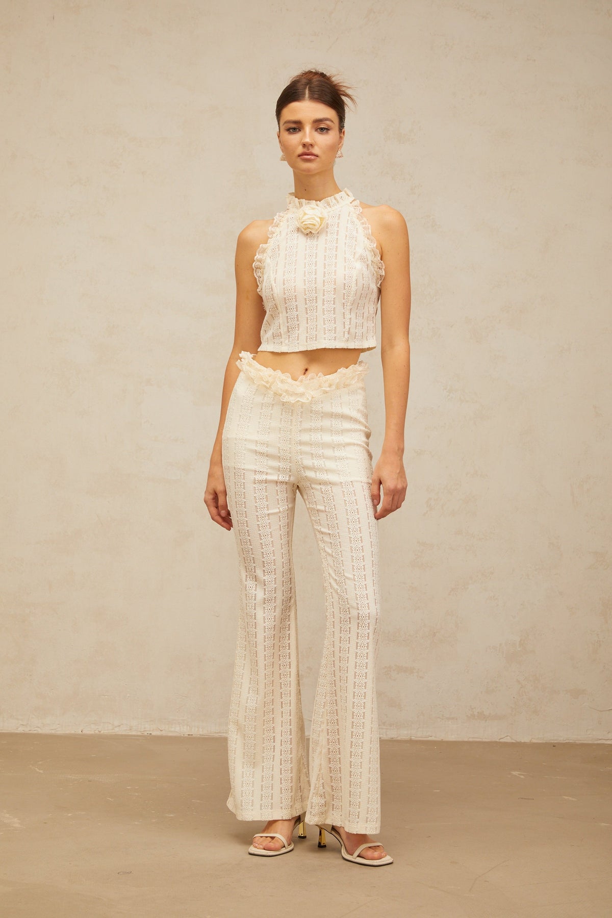 Magali cream-white ruffled-lace-trim jacquard top & trousers matching set