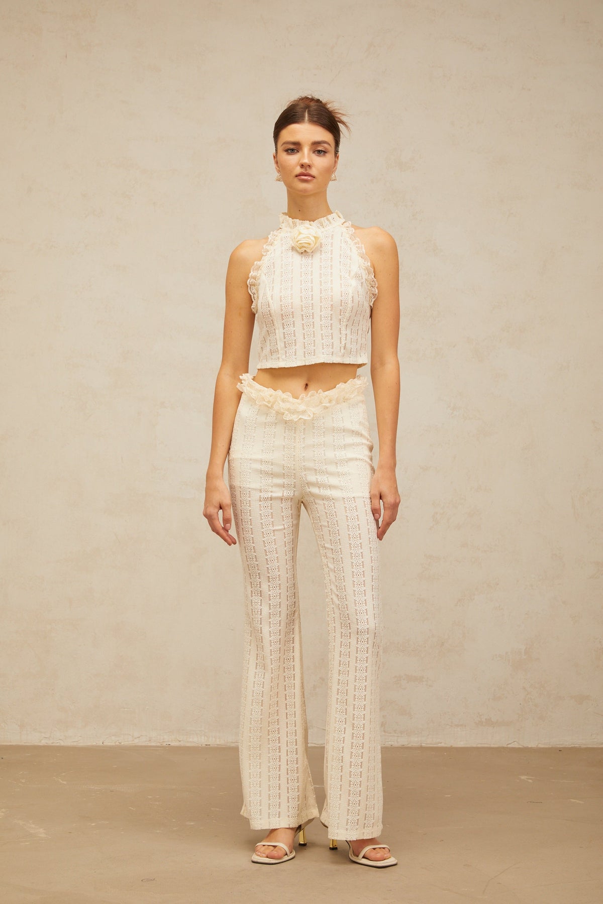 Magali cream-white ruffled-lace-trim jacquard top & trousers matching set