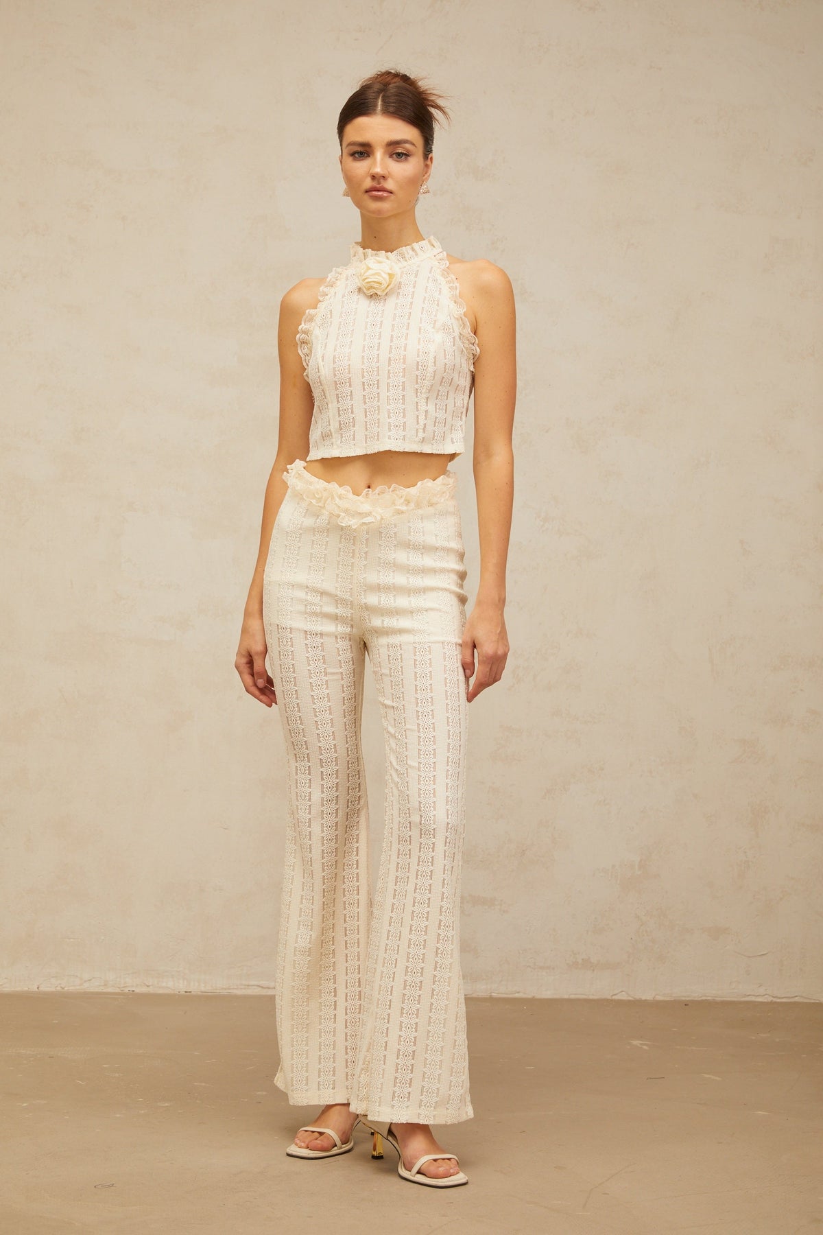 Magali cream-white ruffled-lace-trim jacquard top & trousers matching set