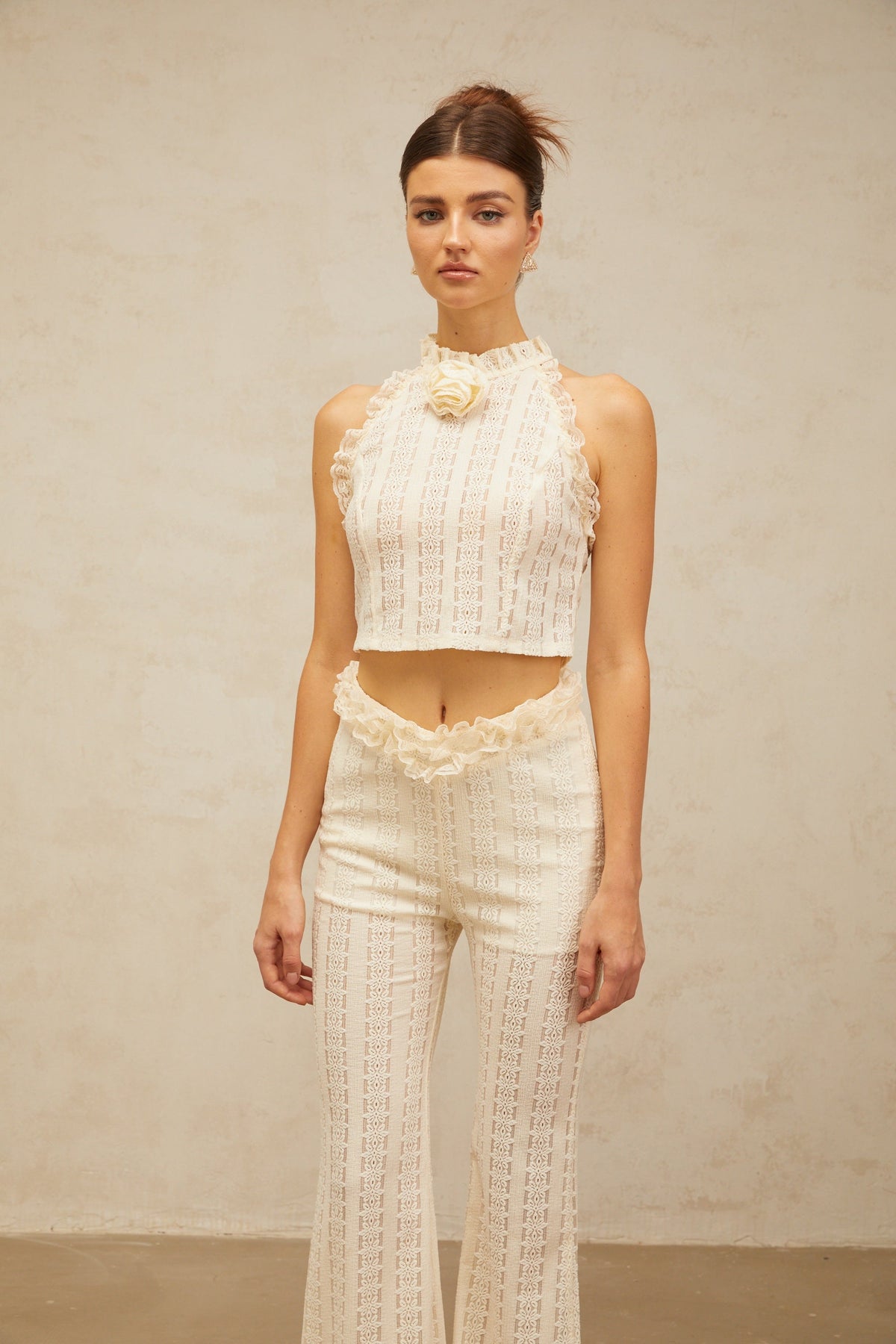 Magali cream-white ruffled-lace-trim jacquard top & trousers matching set