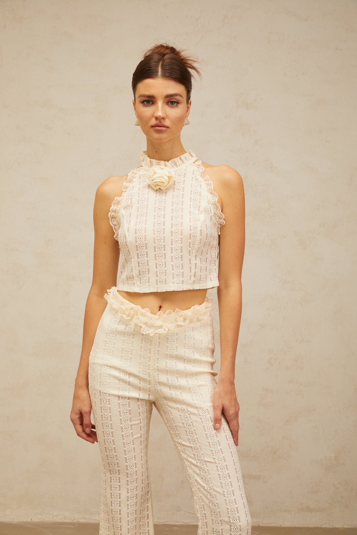 Magali cream-white ruffled-lace-trim jacquard top & trousers matching set