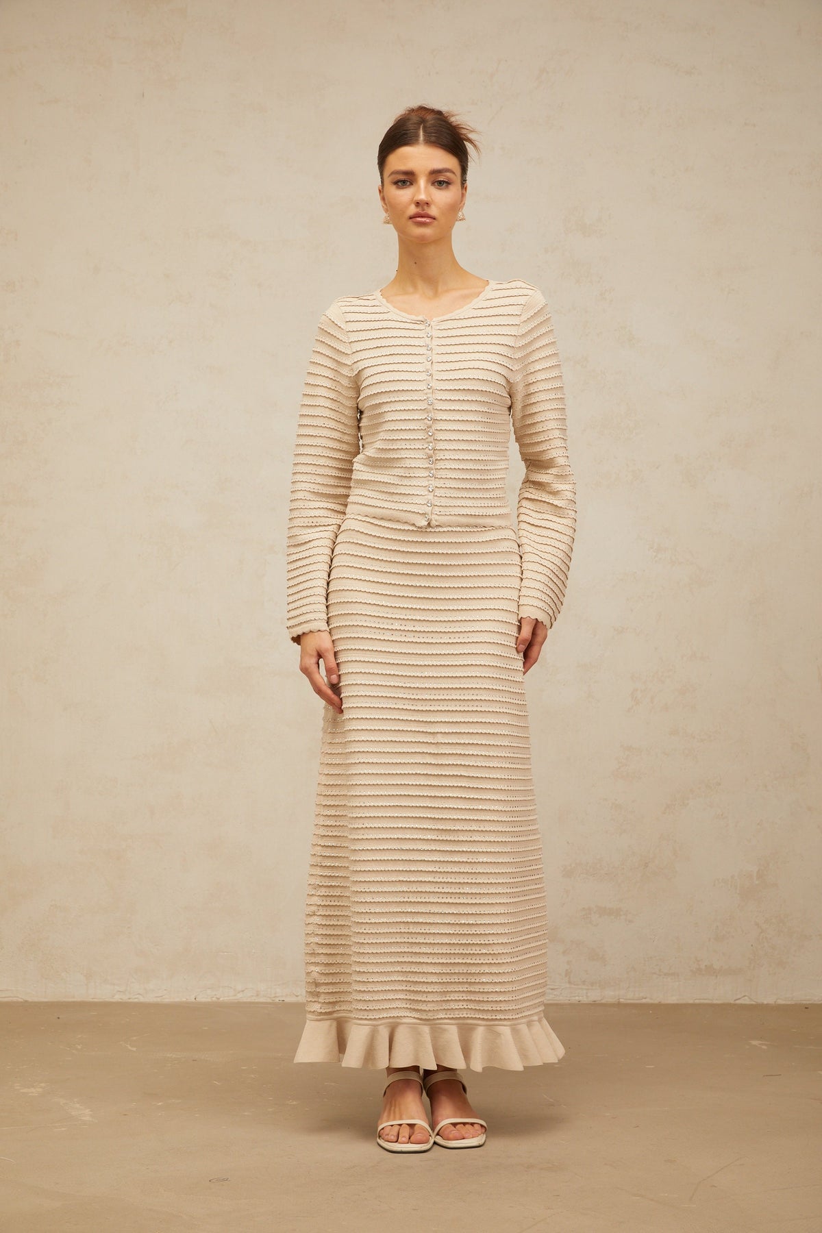 Aveline embellished ruffled knit cardigan & skirt matching set