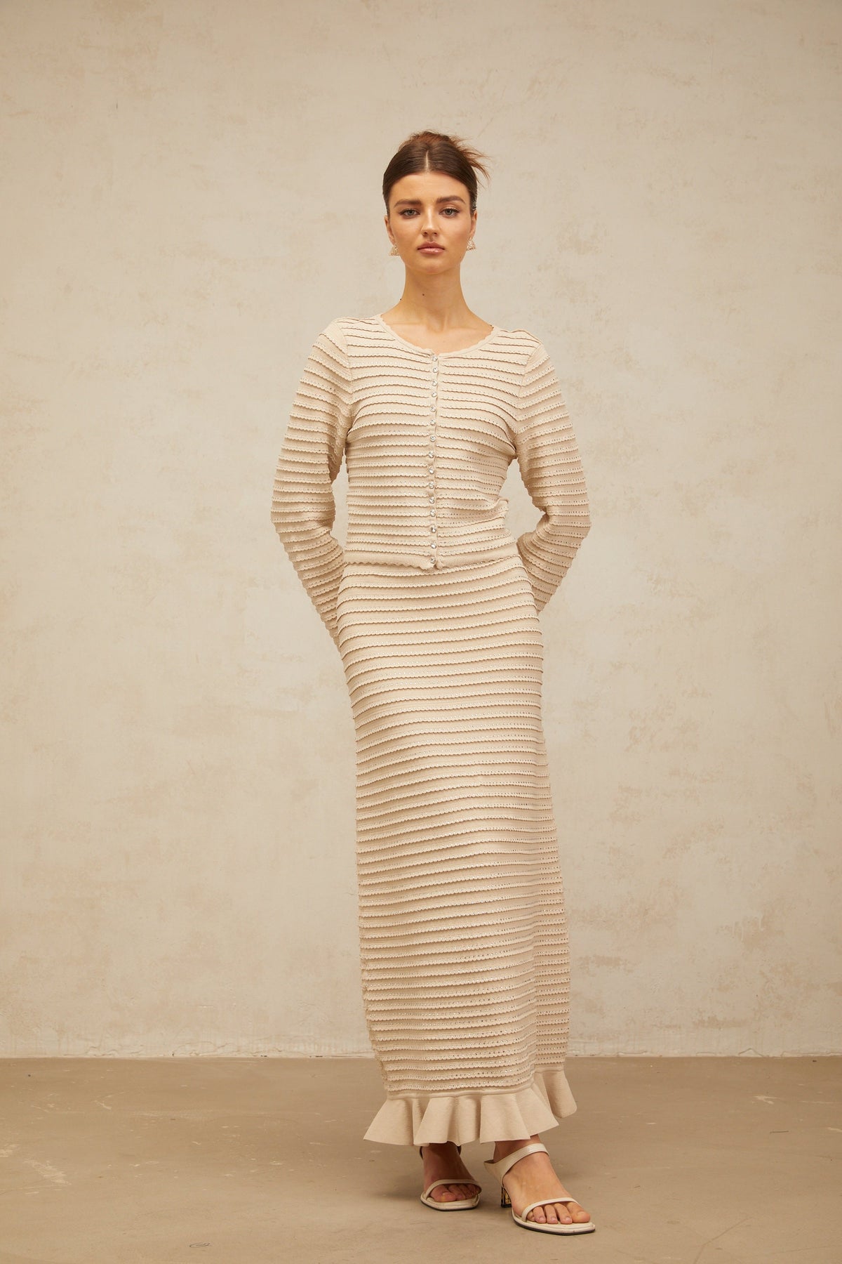 Aveline embellished ruffled knit cardigan & skirt matching set