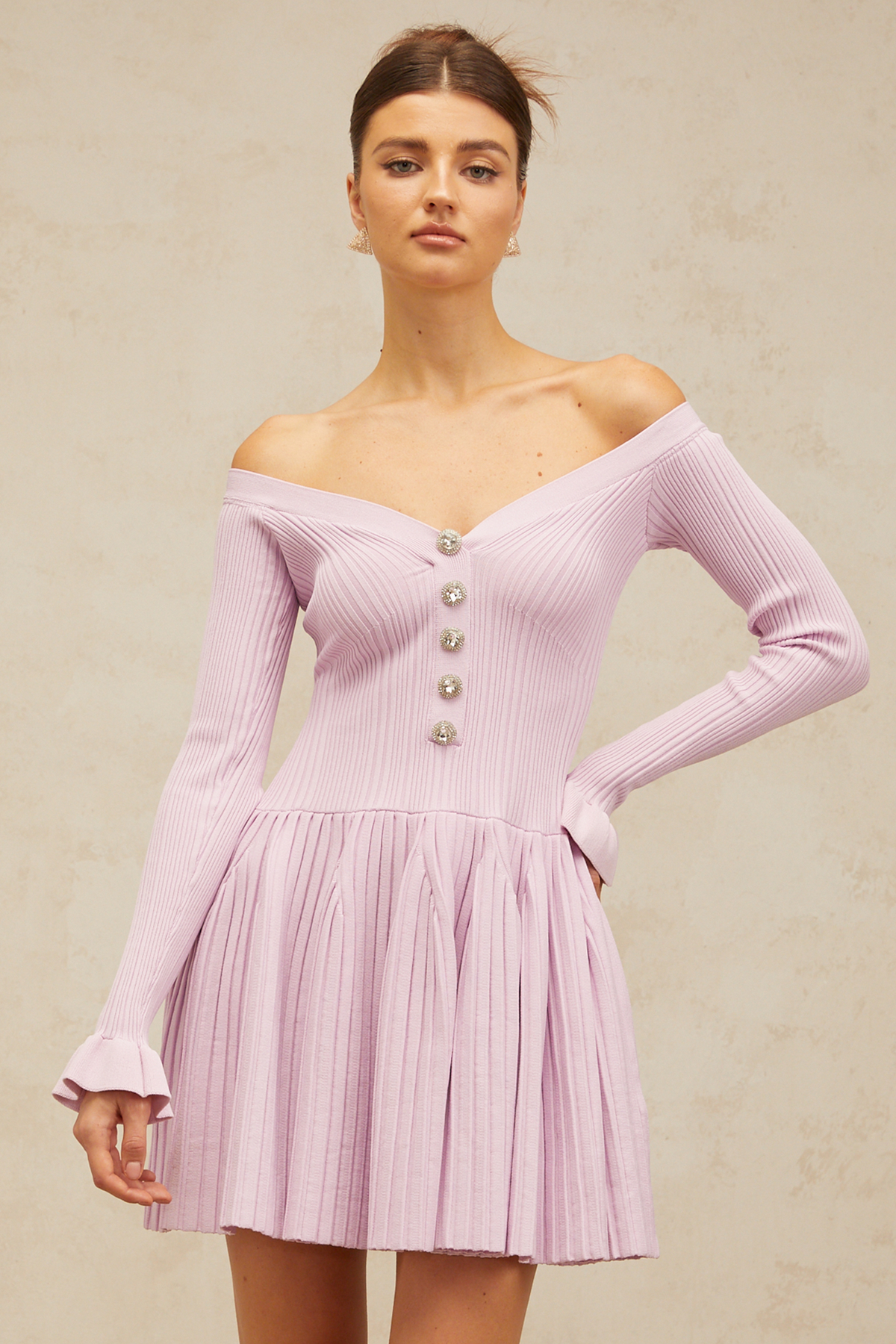 Lyna light-purple off-shoulder ribbed-knit mini dress