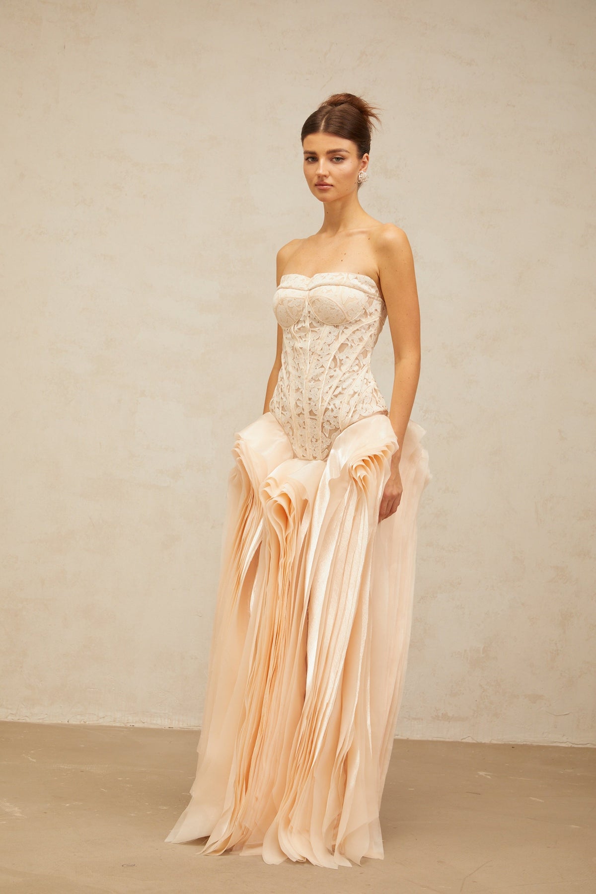 Irène neutrals lace layered corset maxi dress