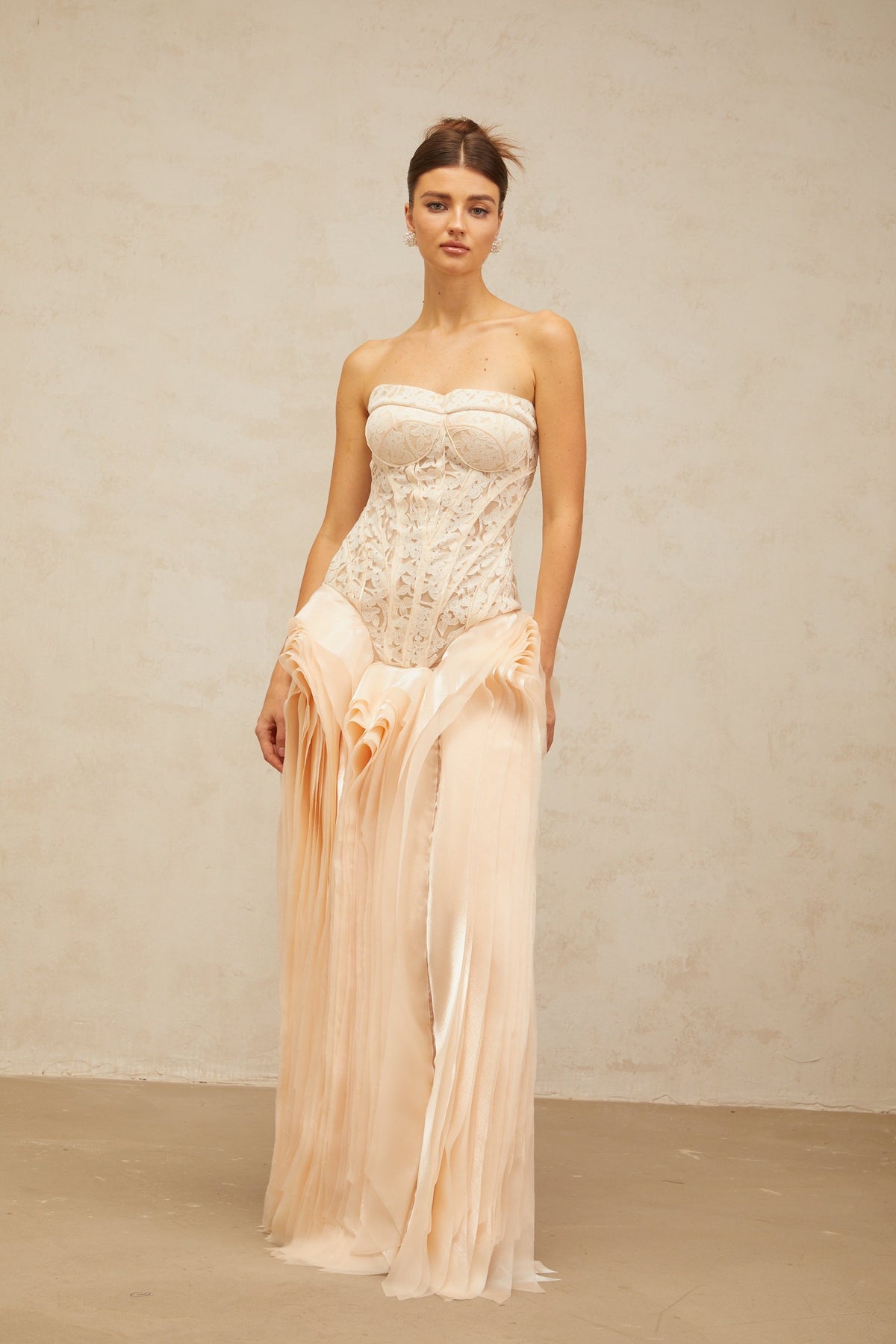 Irène neutrals lace layered corset maxi dress