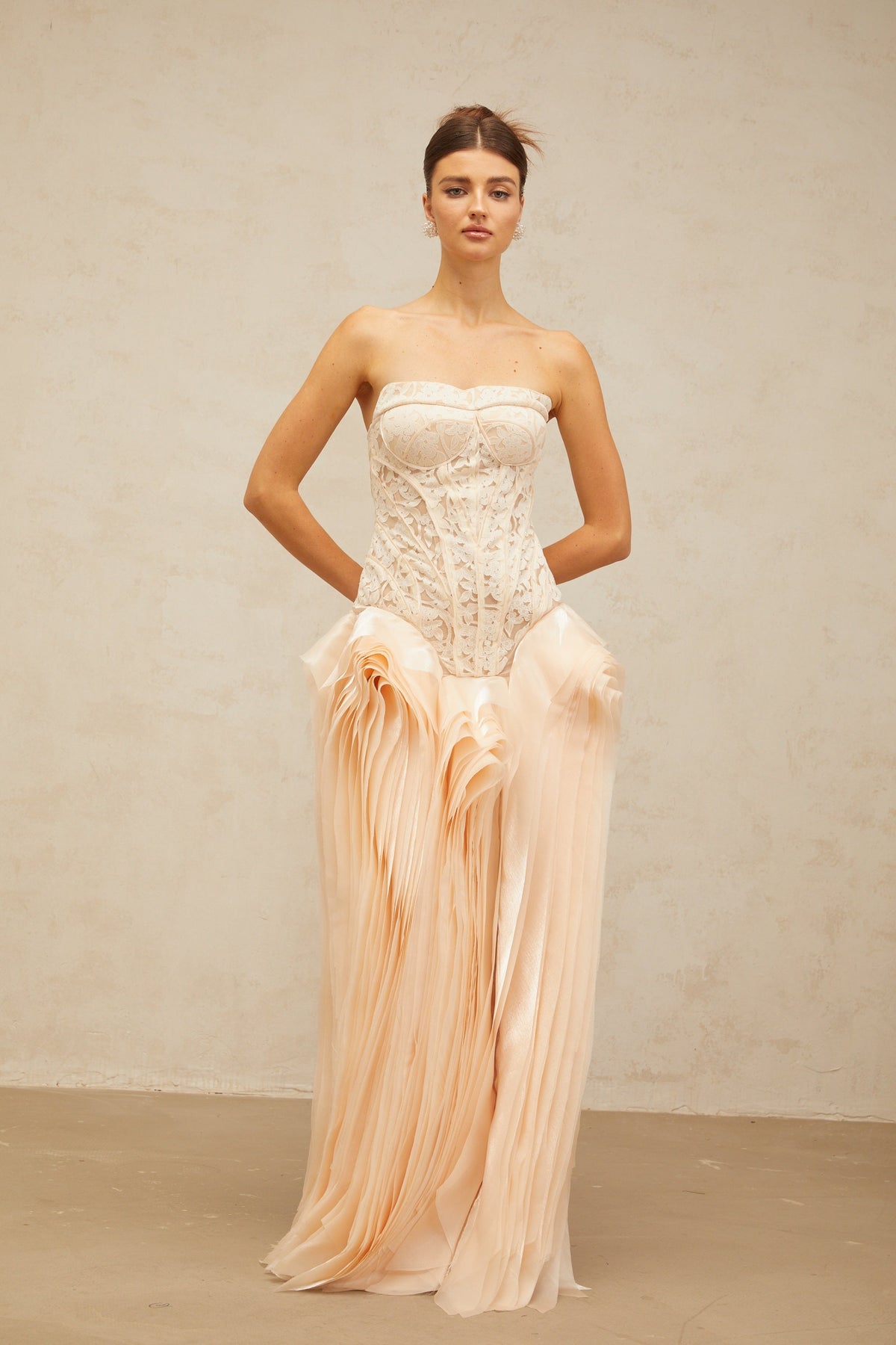 Irène neutrals lace layered corset maxi dress