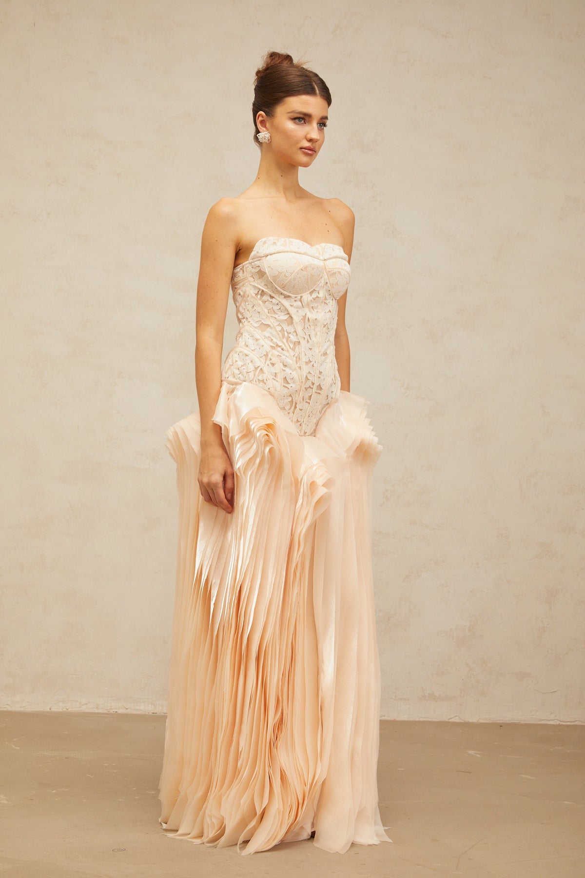 Irène neutrals lace layered corset maxi dress