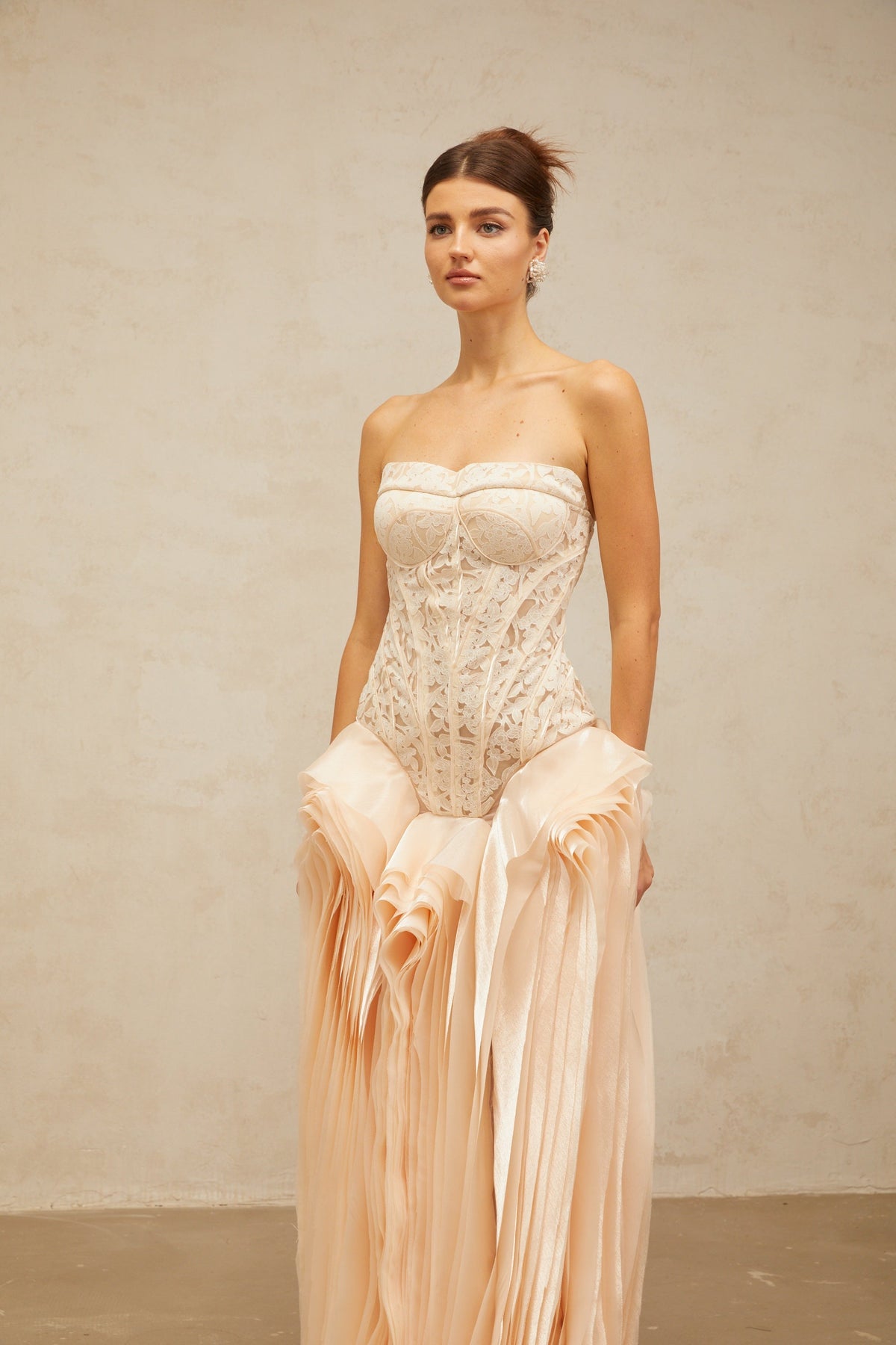 Irène neutrals lace layered corset maxi dress
