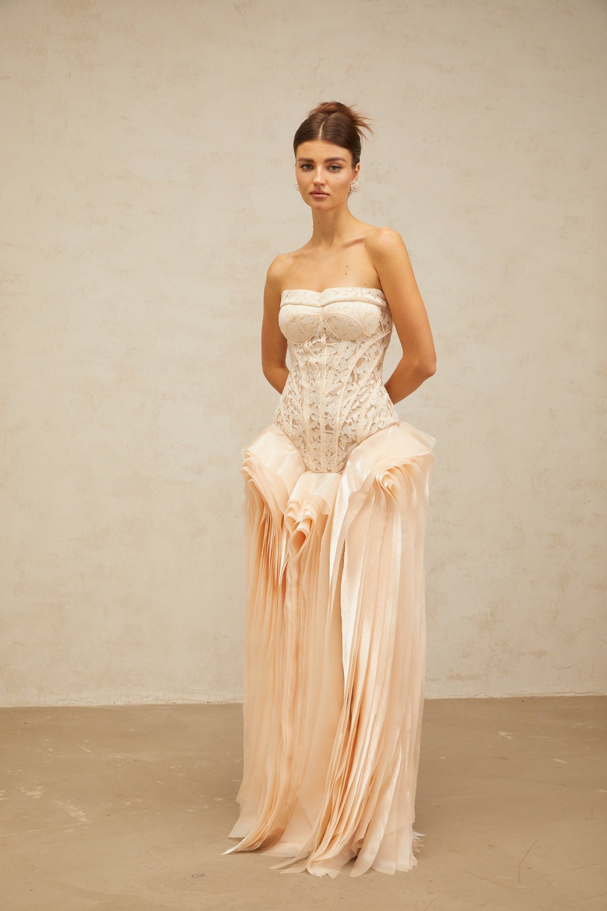 Irène neutrals lace layered corset maxi dress
