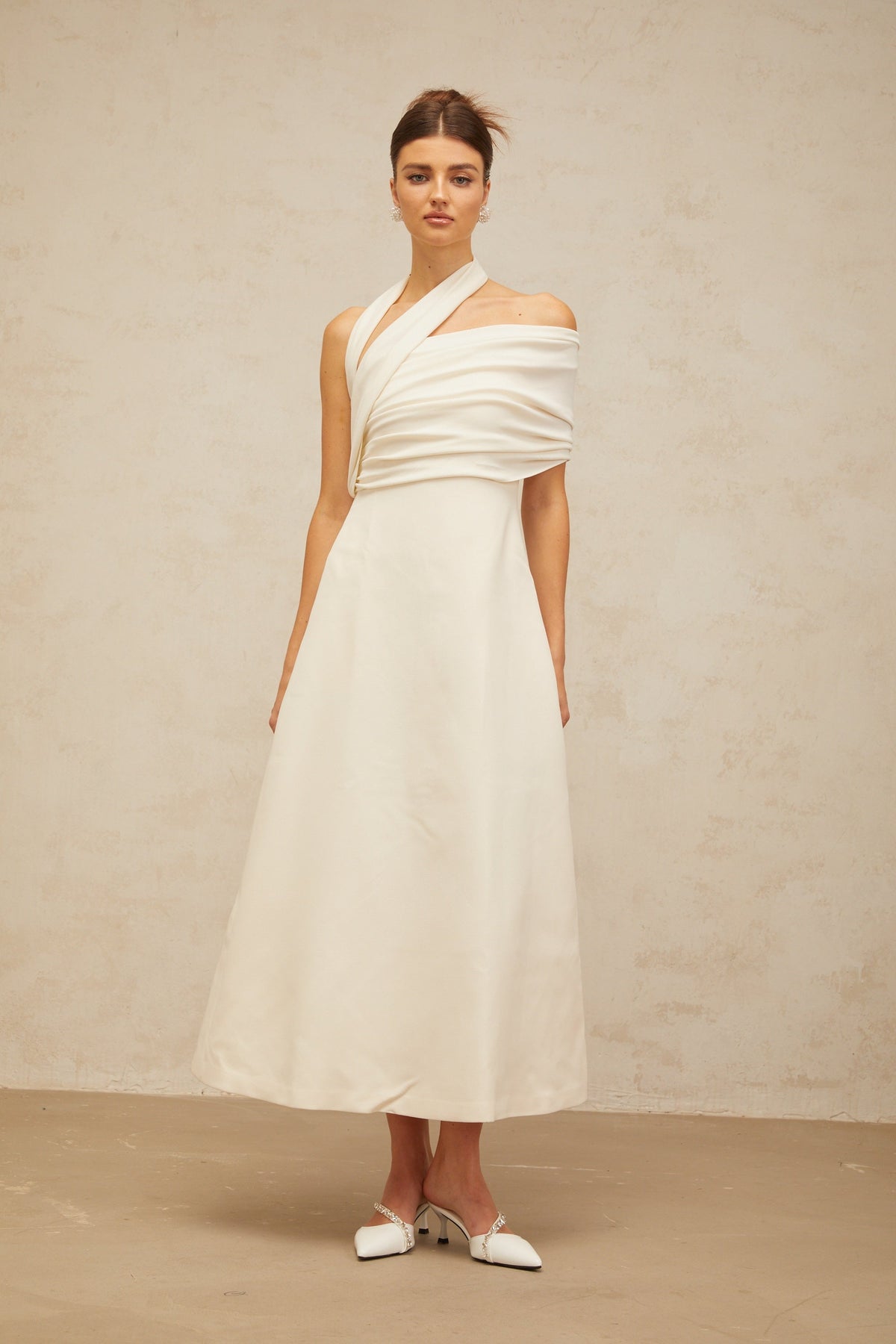 Solène cream-white asymmetrical midi dress