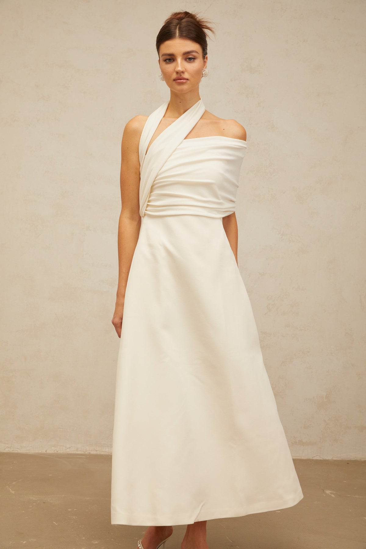 Solène cream-white asymmetrical midi dress