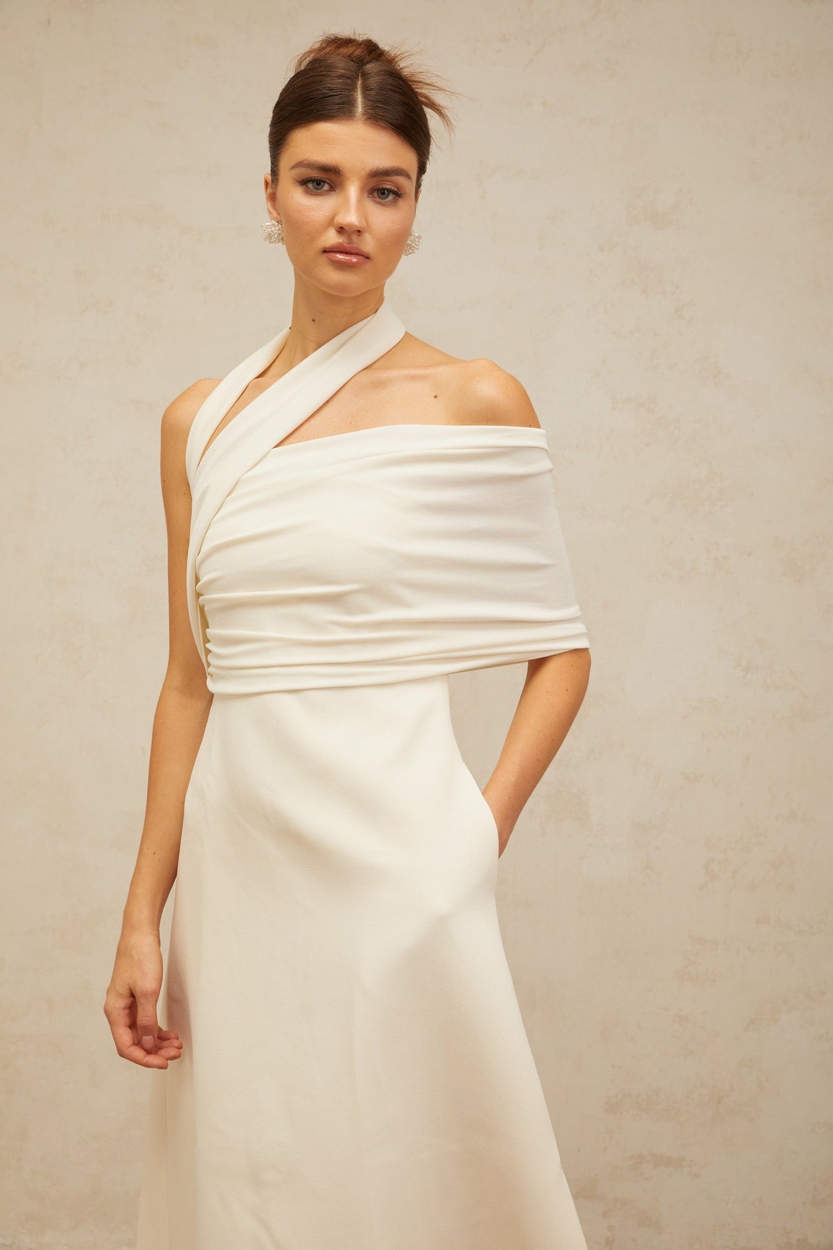 Solène cream-white asymmetrical midi dress (Final Sale-US Only)