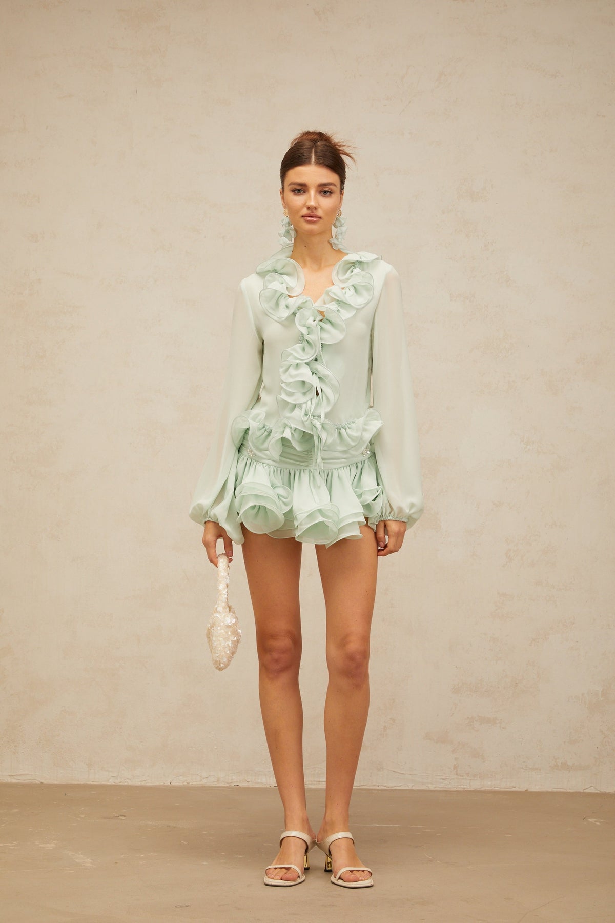 Noémie green flounced chiffon blouse & skirt matching set