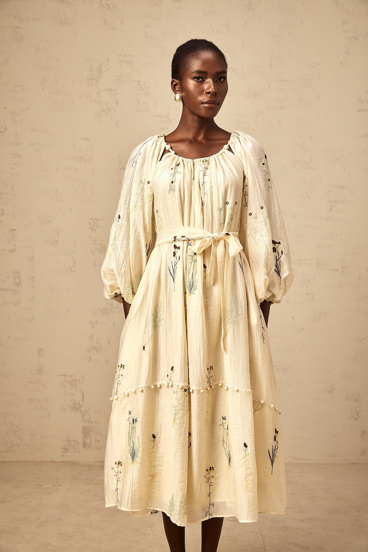 Uranie beige flower-embroidered beaded midi dress