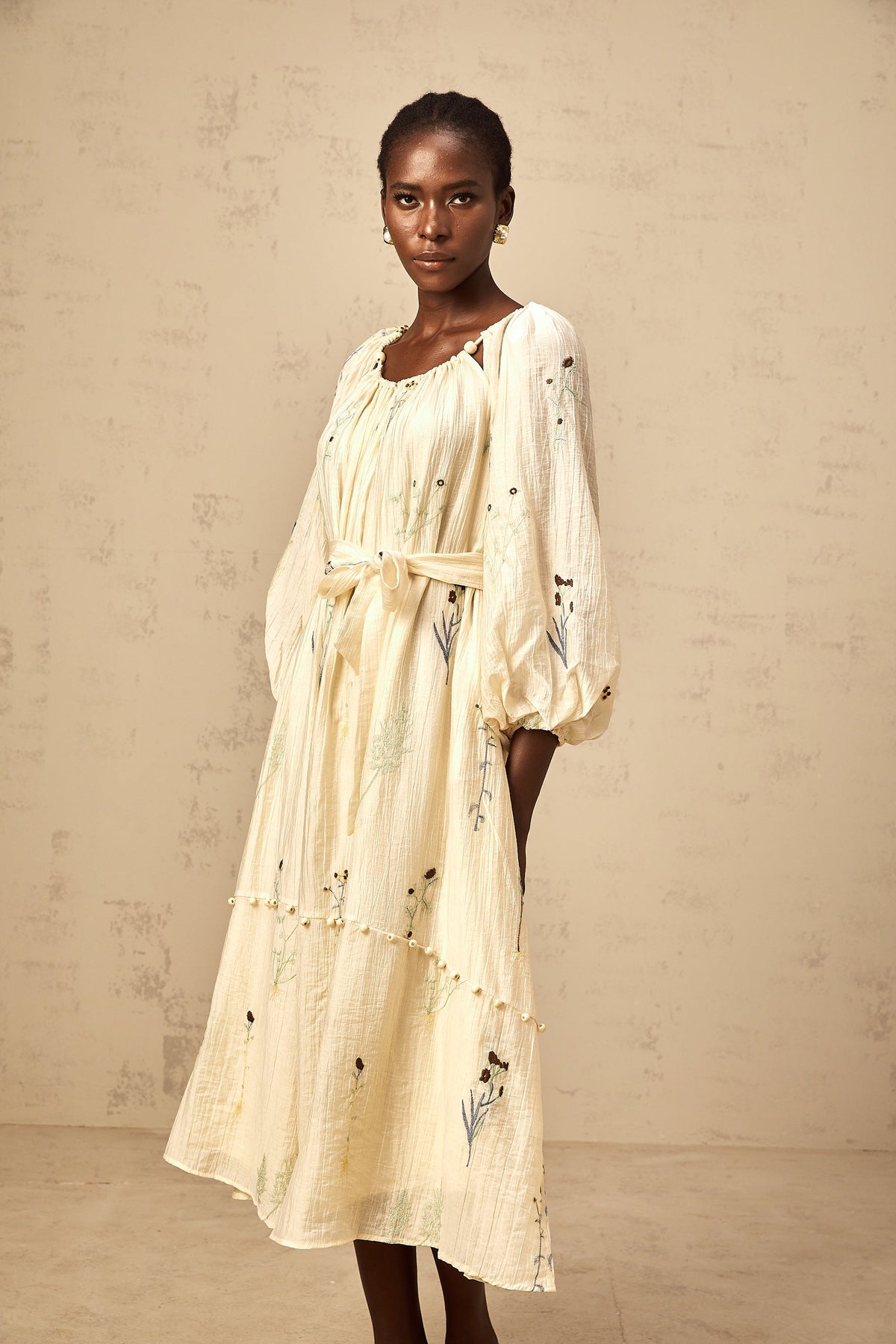 Uranie beige flower-embroidered beaded midi dress