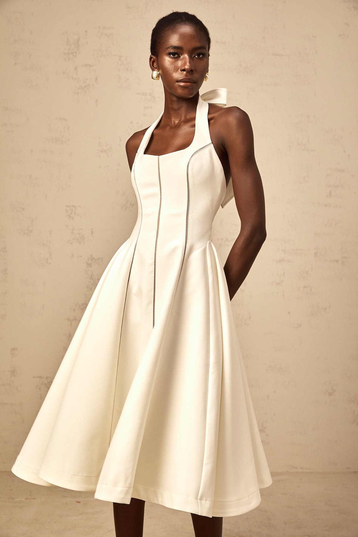 Quirine white halterneck bow-detail midi dress
