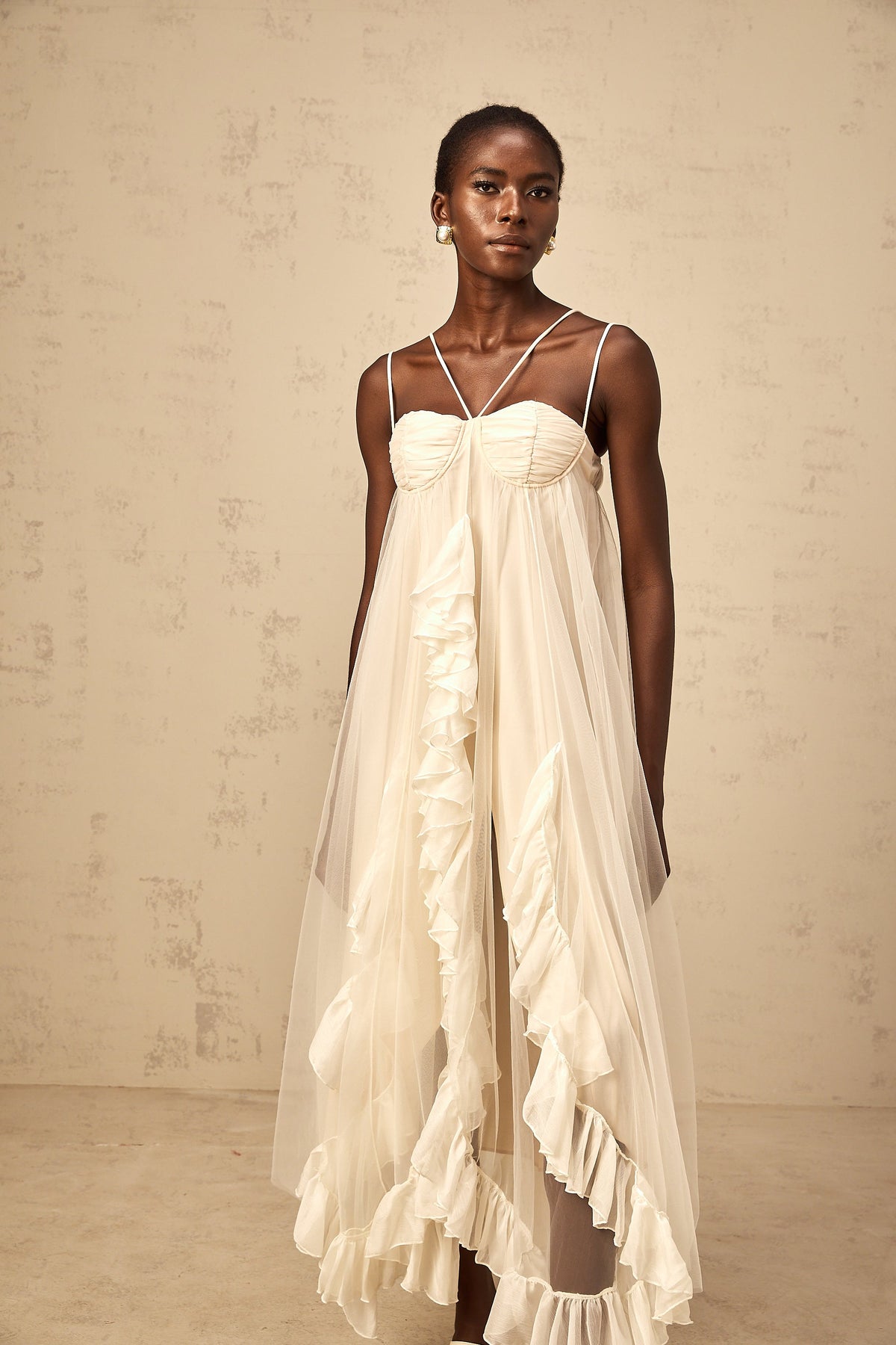 Colette layered ruffled tulle maxi dress in Neutrals