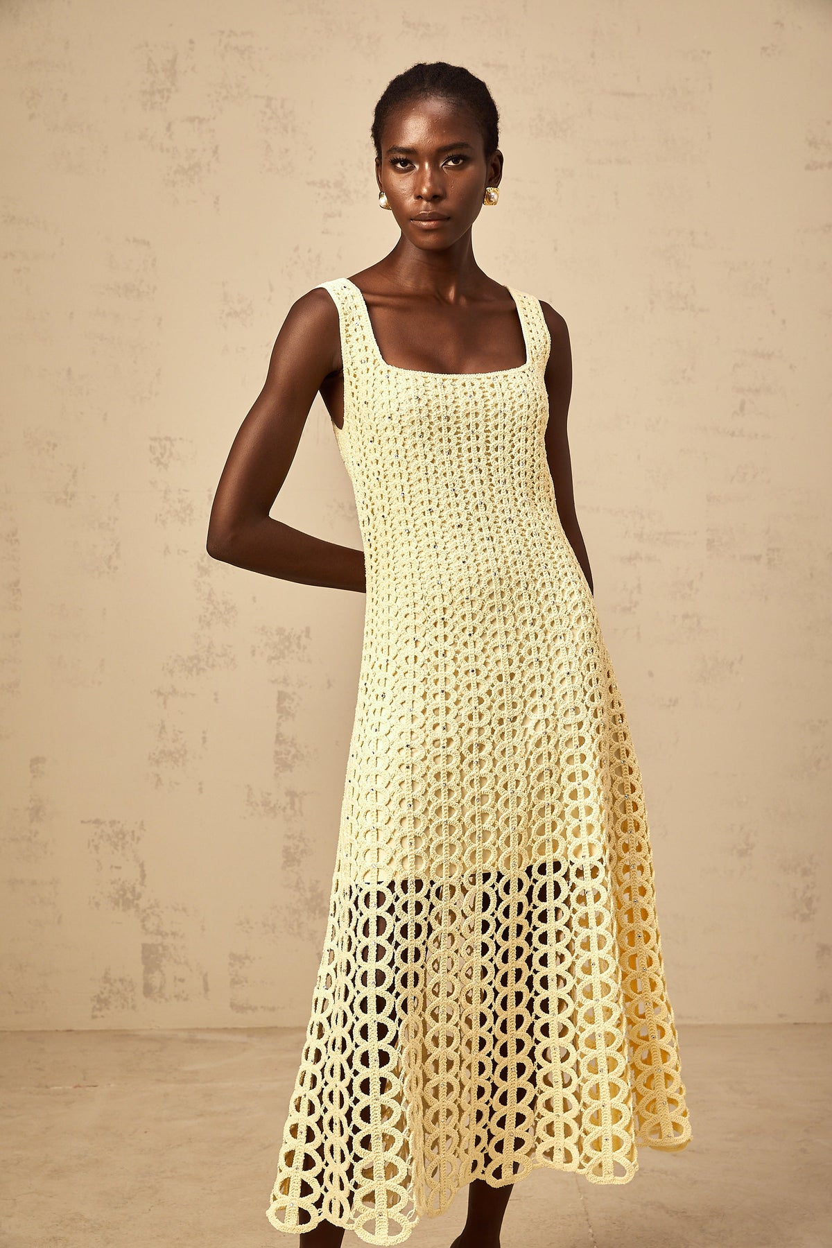 Edelie light-yellow embellished cut-out crochet-knit midi dress