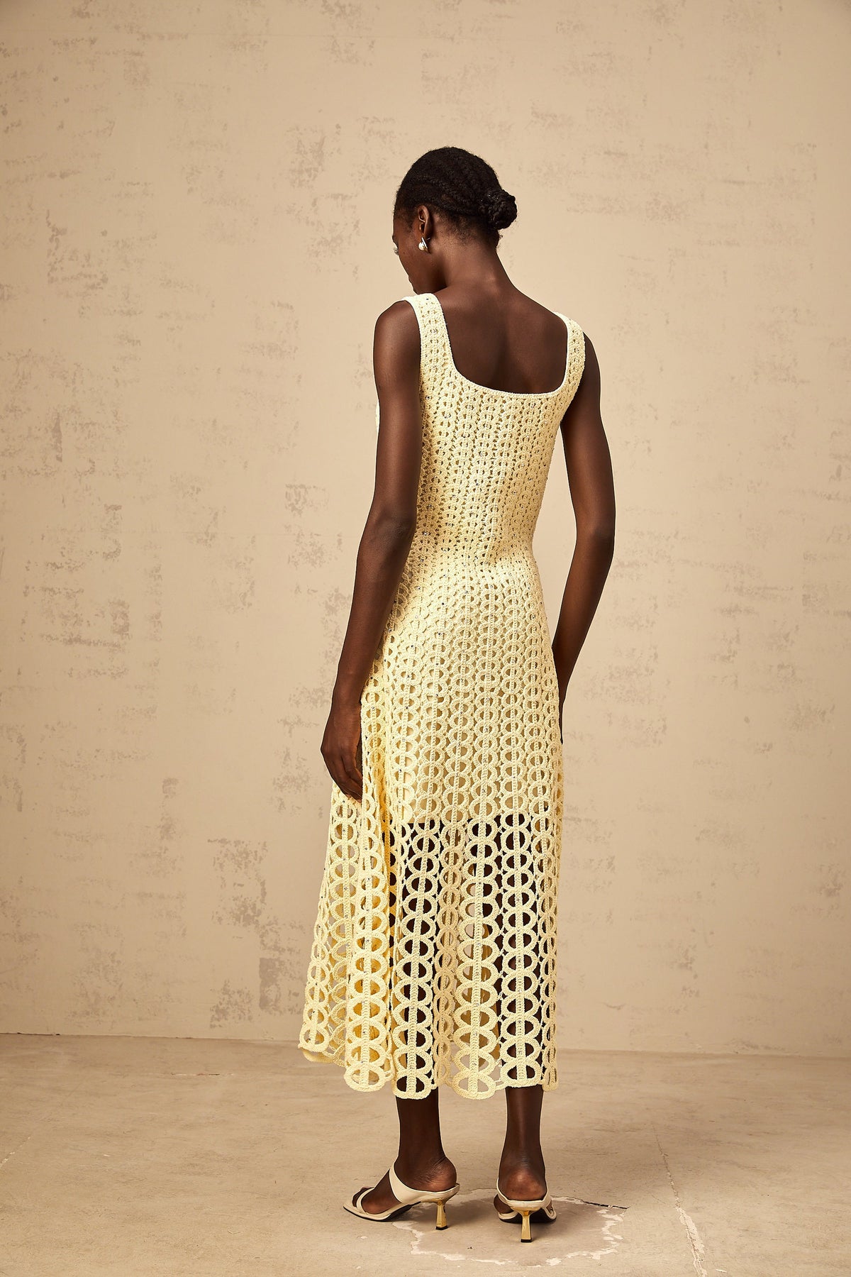 Edelie light-yellow embellished cut-out crochet-knit midi dress