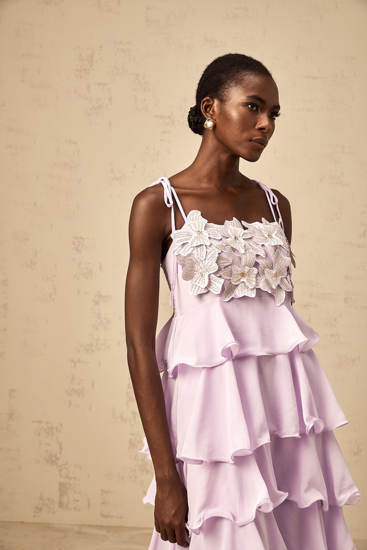 Wilhelmine purple sequined 3d-petal tiered maxi dress