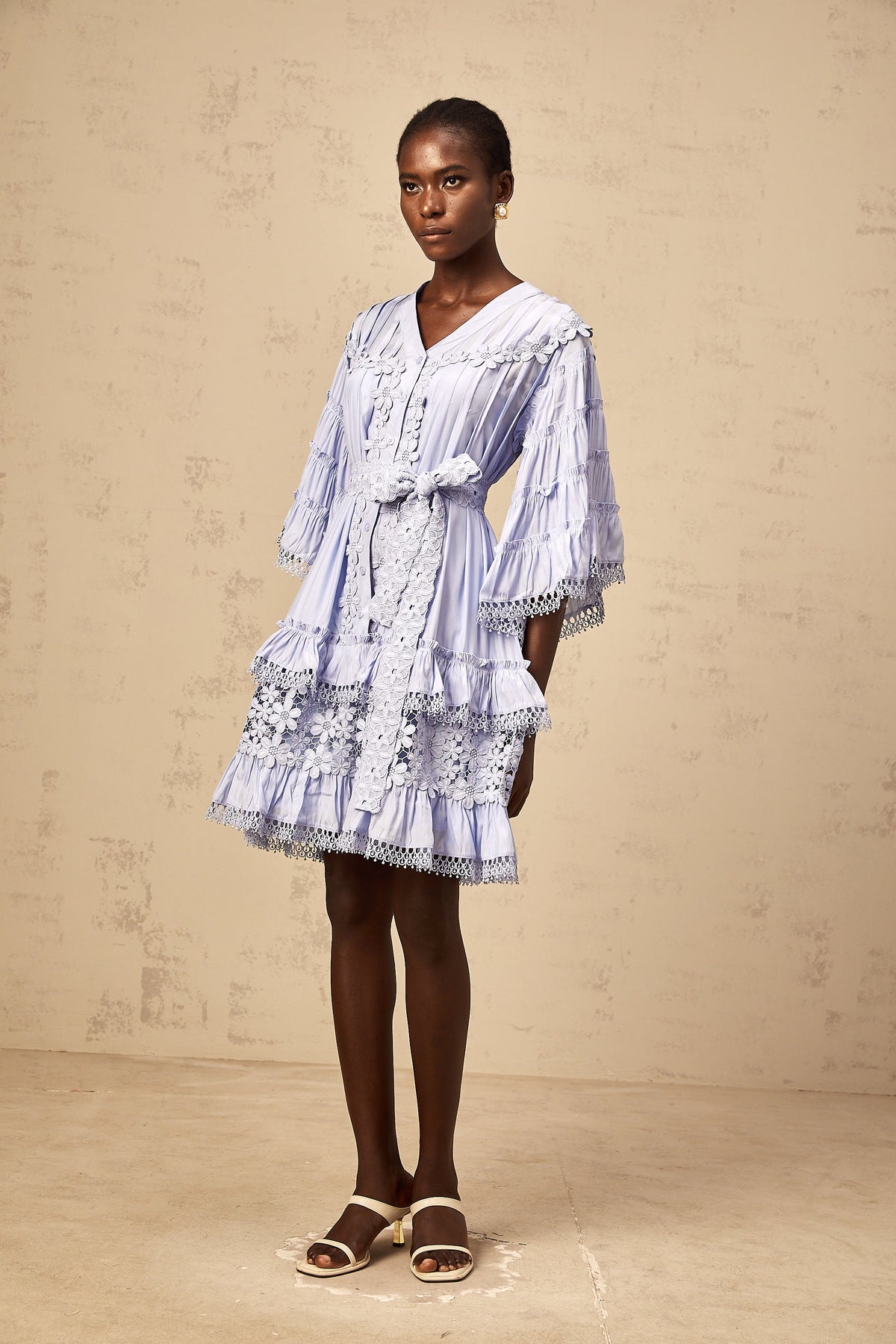 Gaëlle light-blue floral-embroidered tiered mini dress