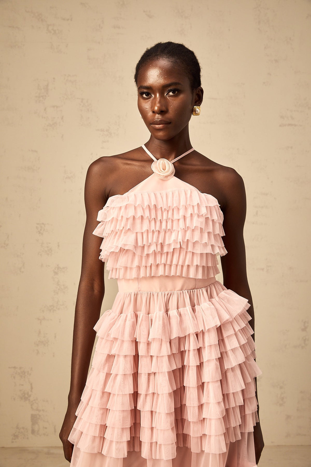 Isabelle pink petal-brooch ruffled tiered tulle maxi dress
