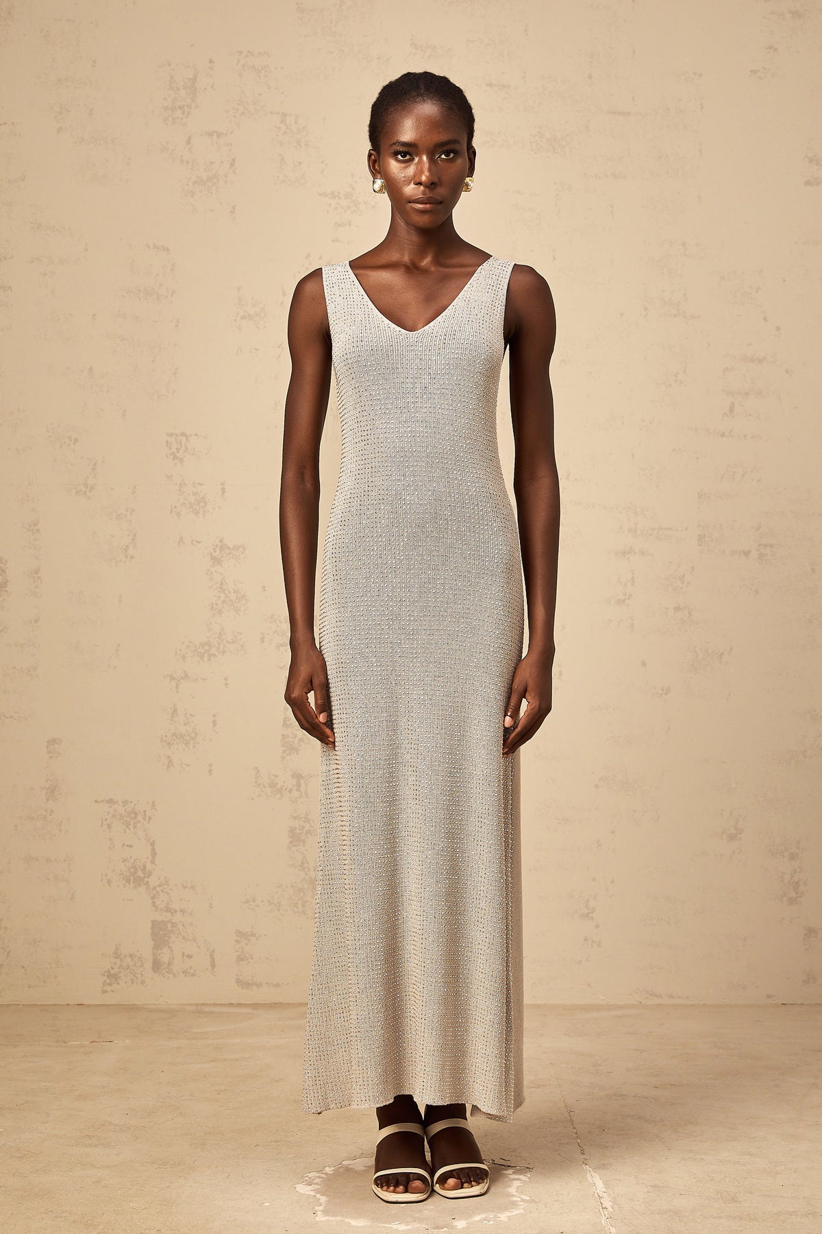 Wanda grey rhinestone knitted tank maxi dress