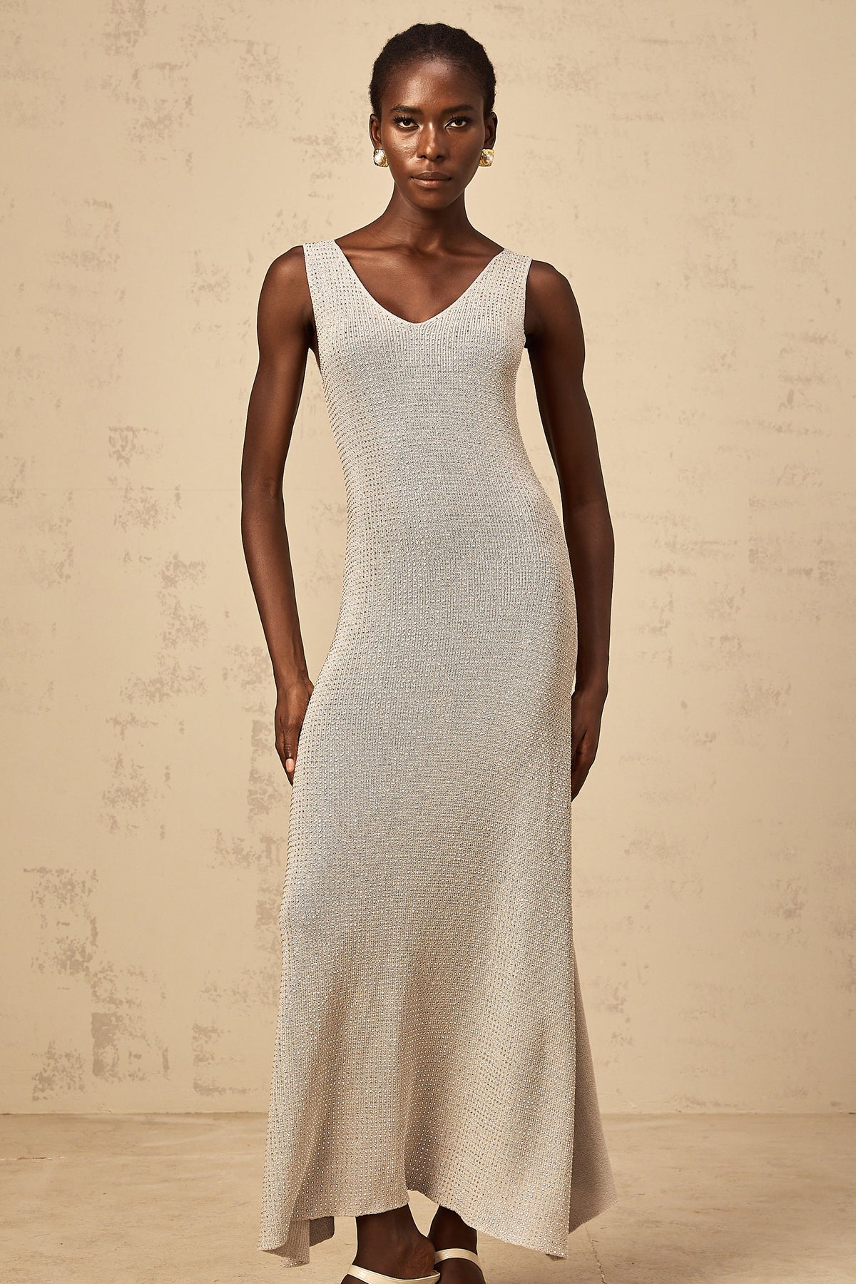Wanda grey rhinestone knitted tank maxi dress