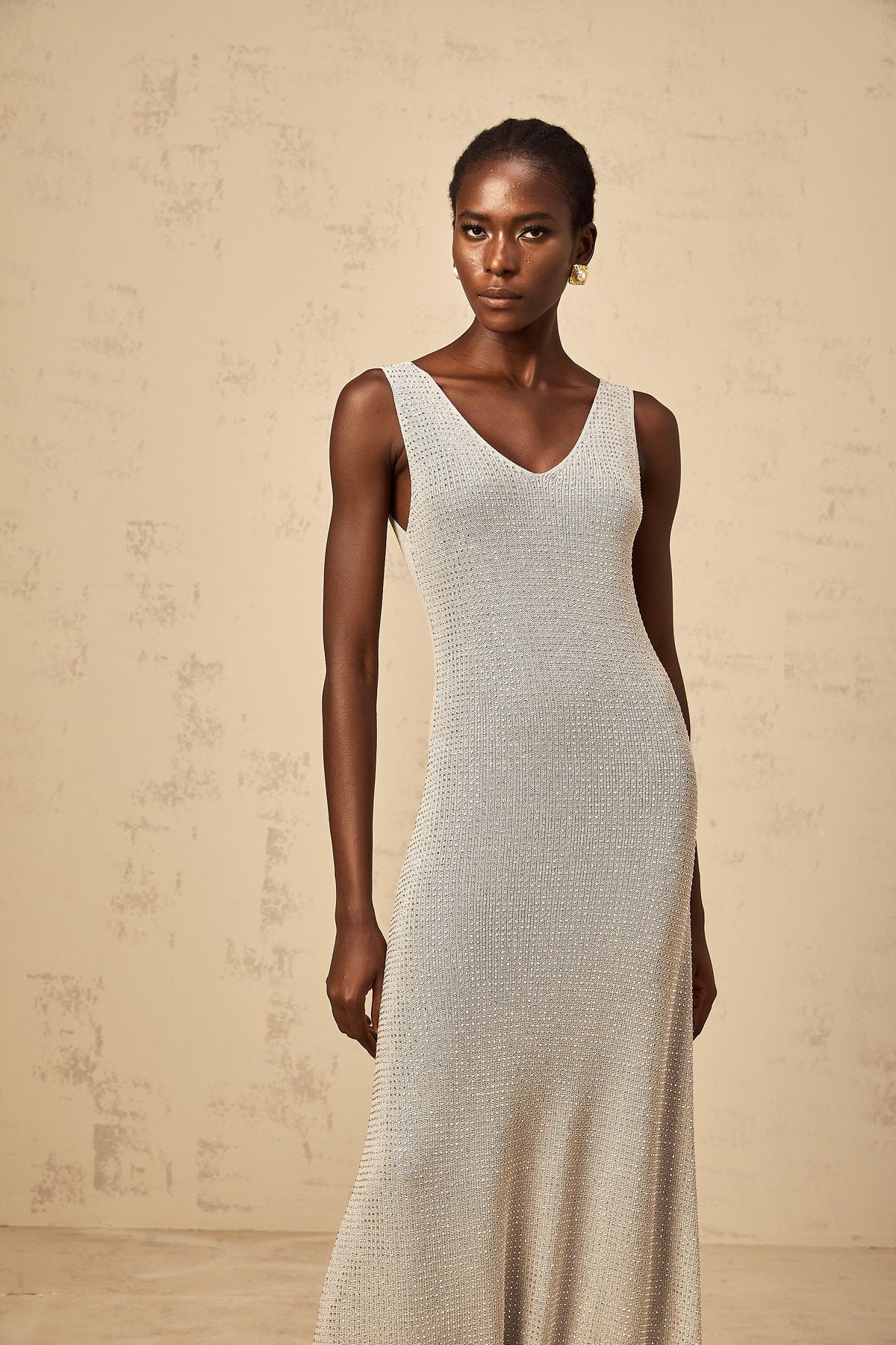 Wanda grey rhinestone knitted tank maxi dress