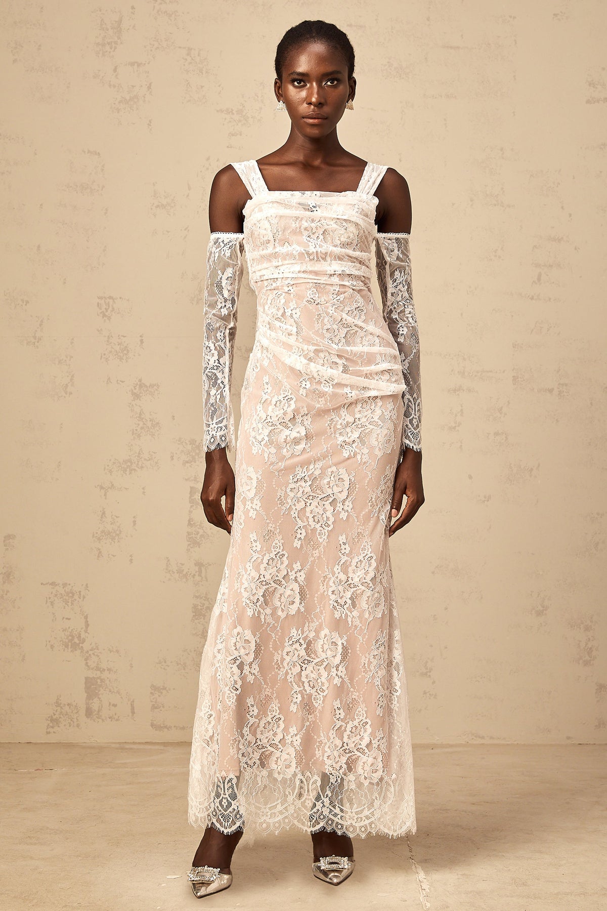 Bérénice white ruched floral-lace corset maxi dress