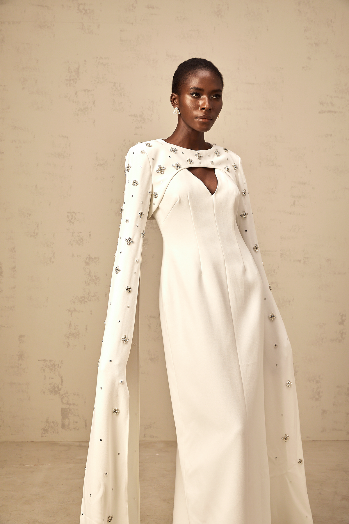 Fanny white extra-long-sleeve embellished gown