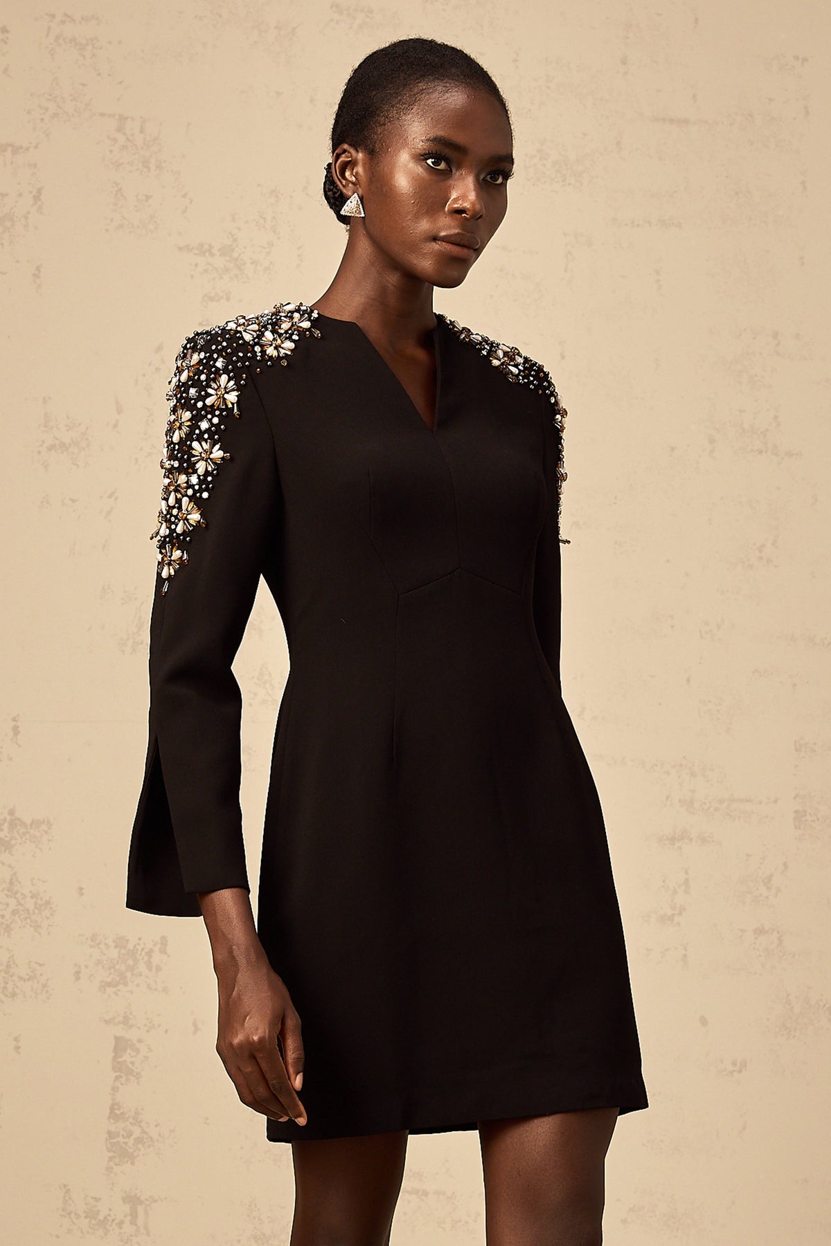 Béatrice black split-neck embellished mini dress